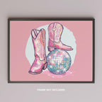 Disco Ball and Pink Cowgirl Boots - Rolled Poster Wall Art Print | House Prints