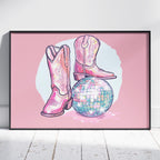 Disco Ball and Pink Cowgirl Boots - Rolled Poster Wall Art Print | House Prints