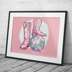 Disco Ball and Pink Cowgirl Boots - Rolled Poster Wall Art Print | House Prints