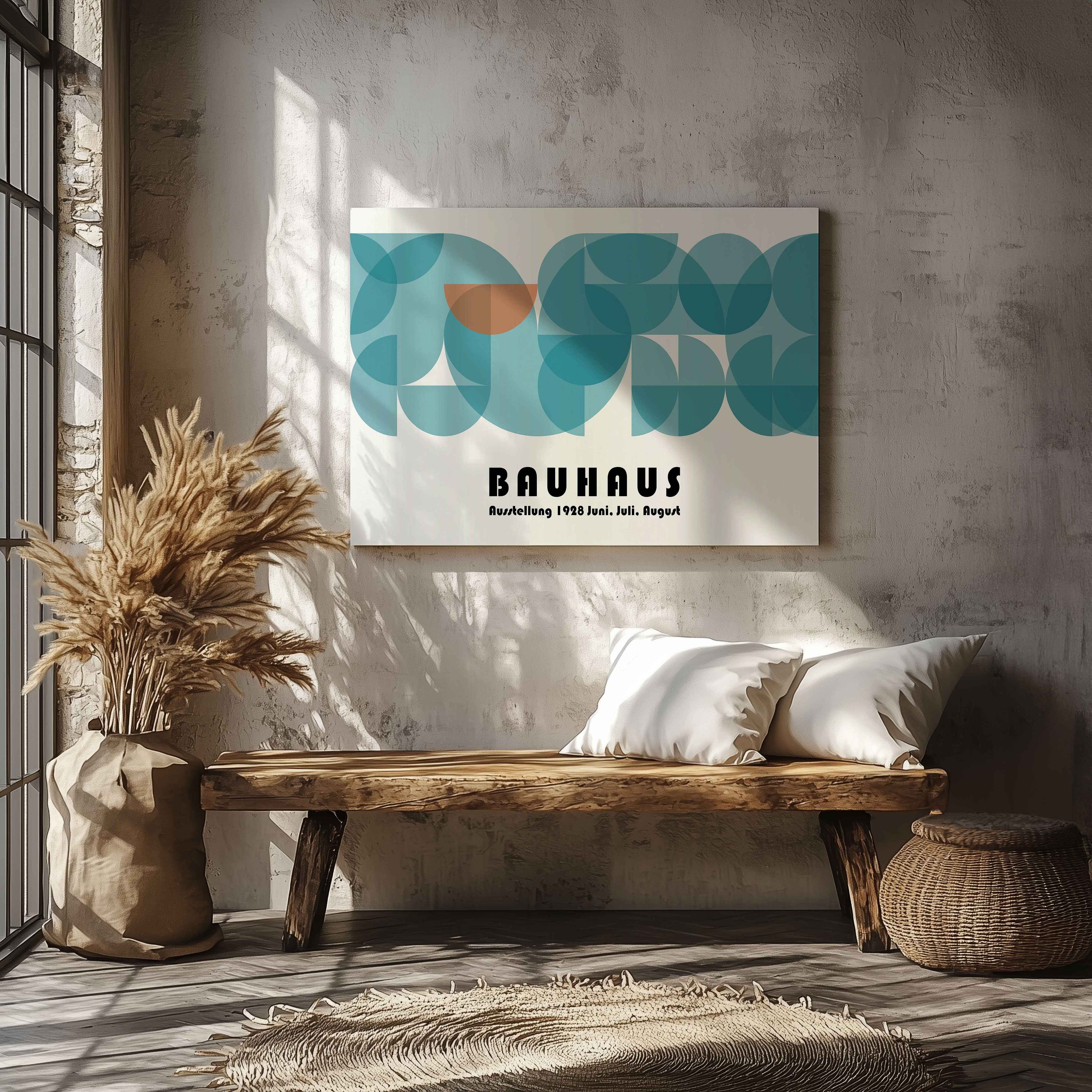 Abstract Bauhaus 1928 Teal Geometric Shapes - Framed Canvas Wall Art Print