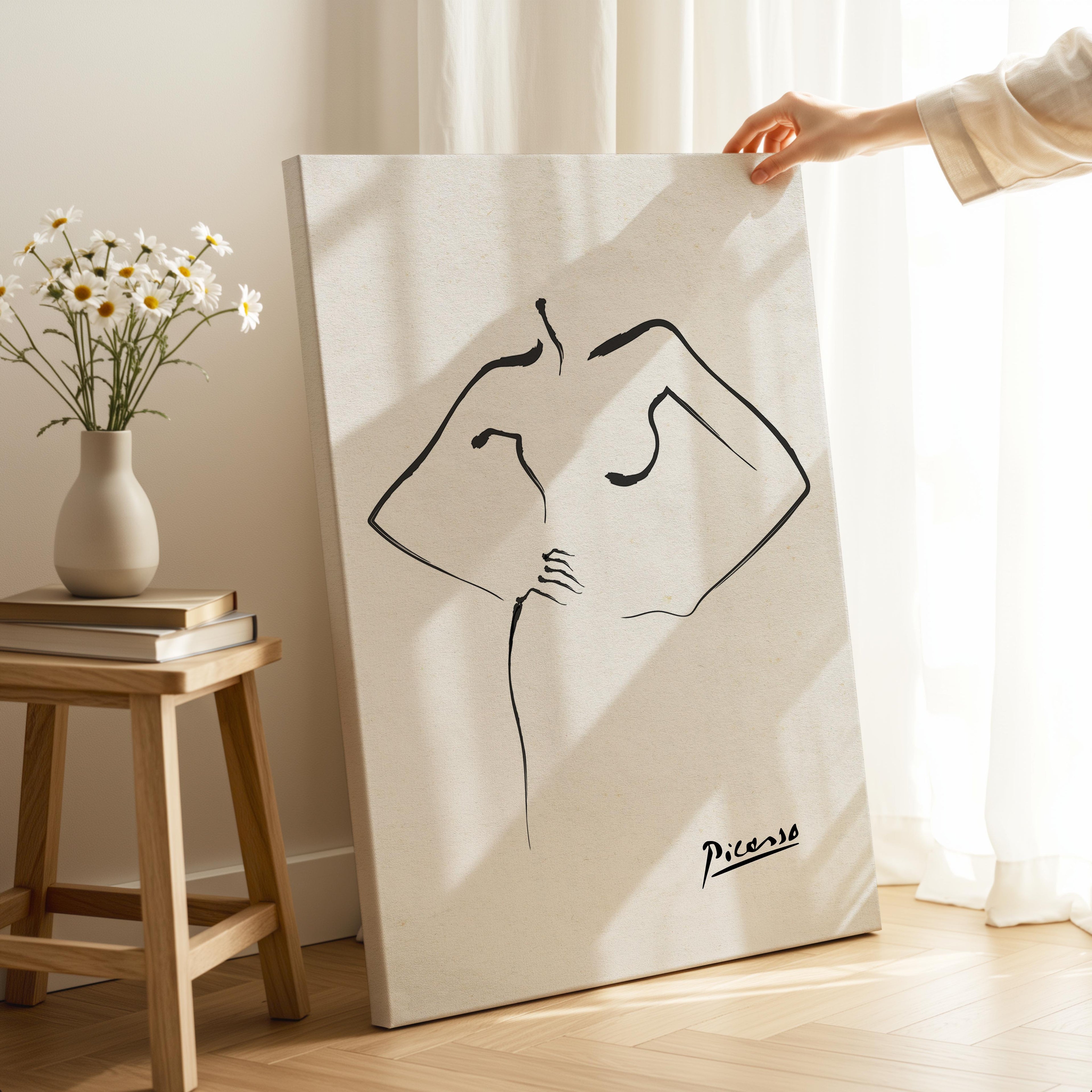 Abstract Black & White Figure Line Drawing - Pablo Picasso - Framed Canvas Wall Art Print