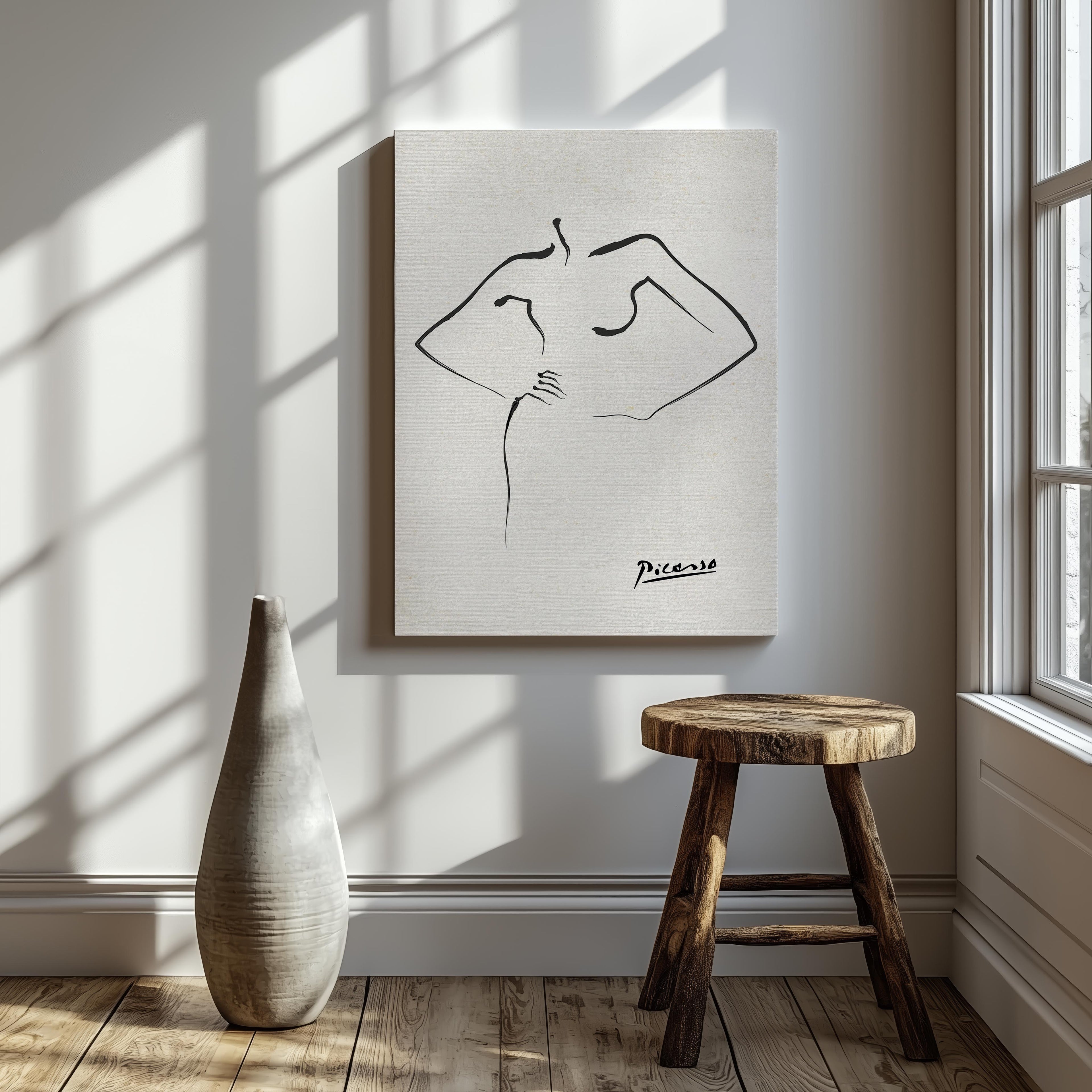Abstract Black & White Figure Line Drawing - Pablo Picasso - Framed Canvas Wall Art Print