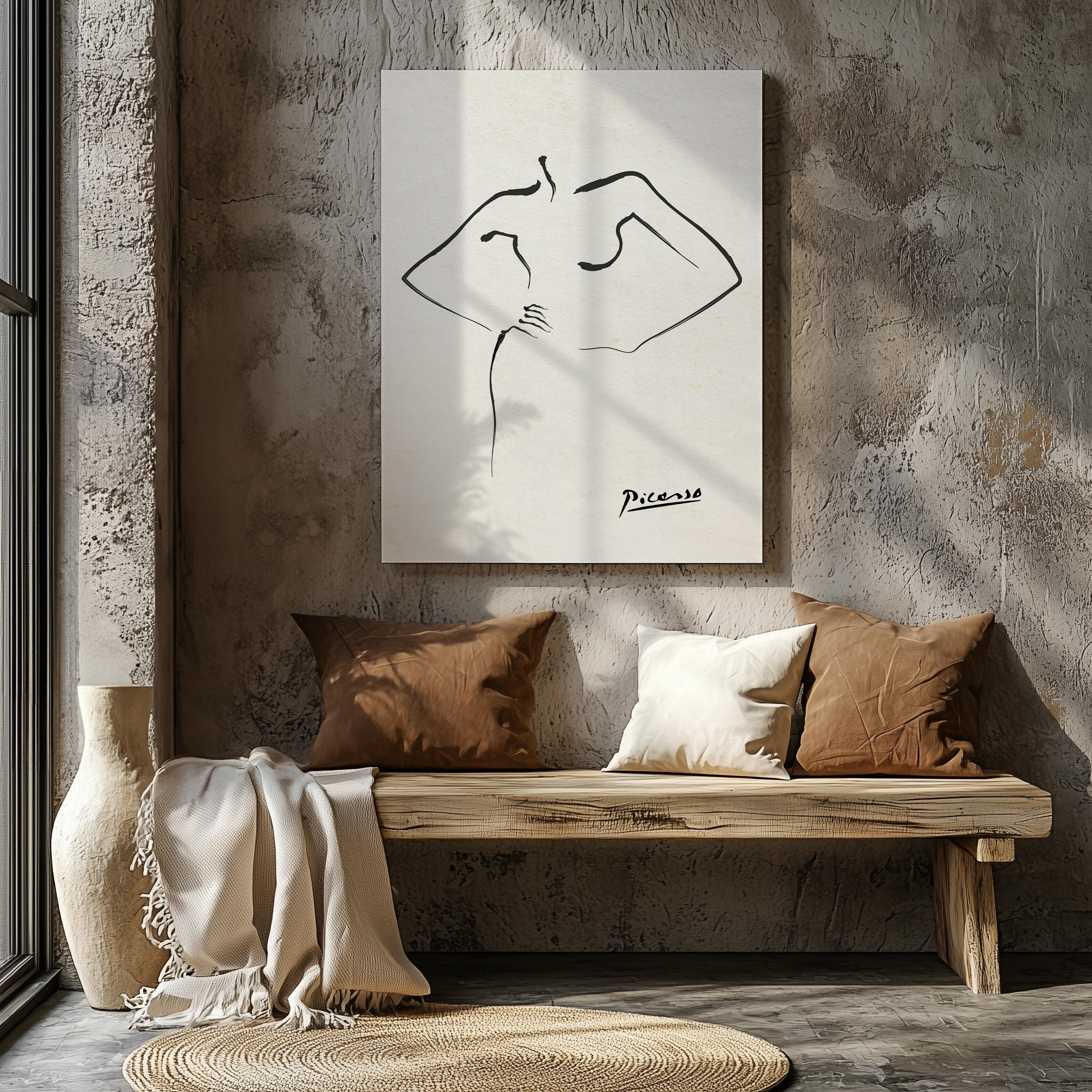 Abstract Black & White Figure Line Drawing - Pablo Picasso - Framed Canvas Wall Art Print