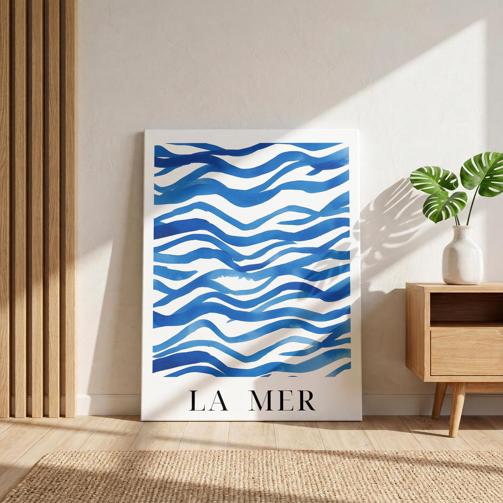 Abstract Blue La Mer Ocean Wave Lines - Framed Canvas Wall Art Print