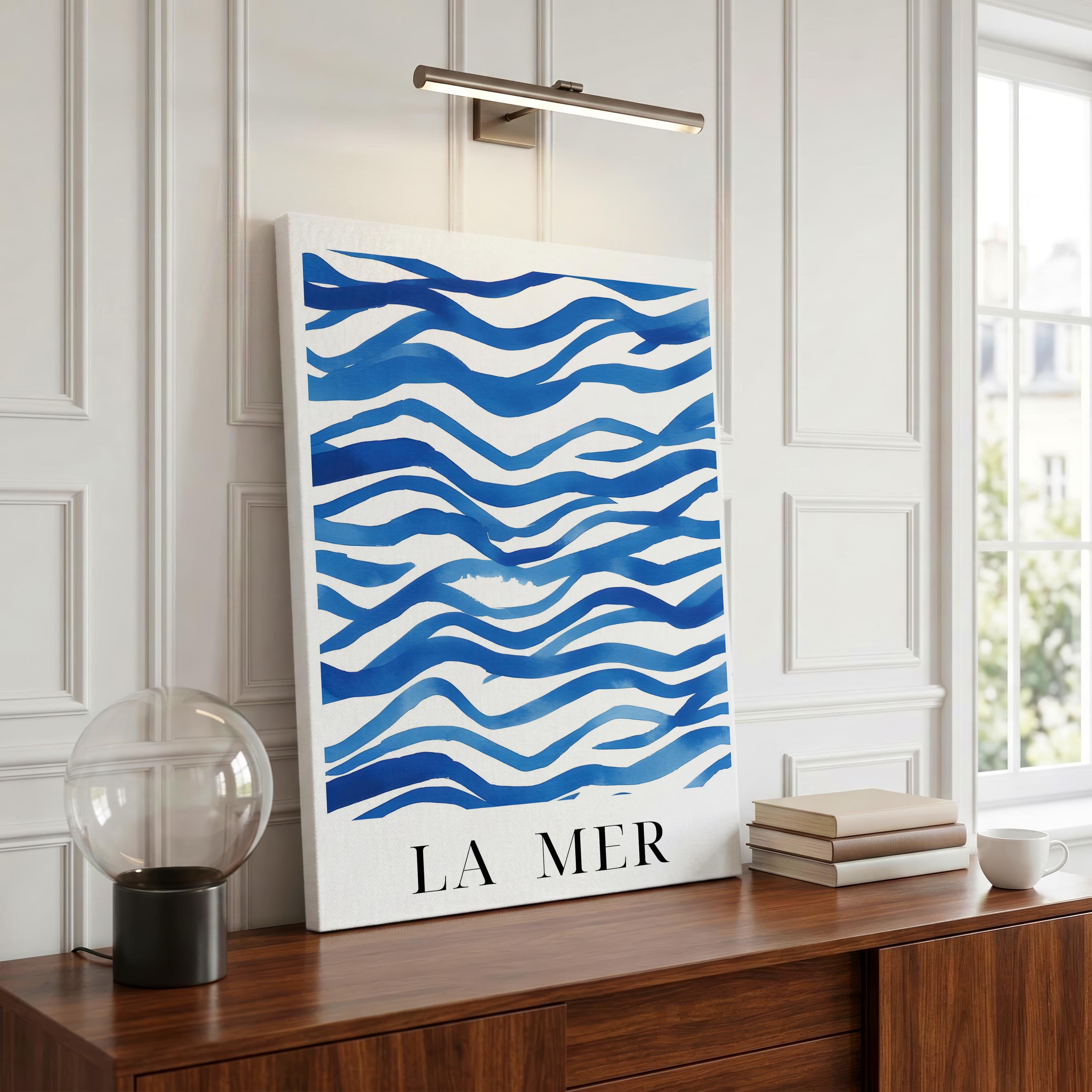 Abstract Blue La Mer Ocean Wave Lines - Framed Canvas Wall Art Print