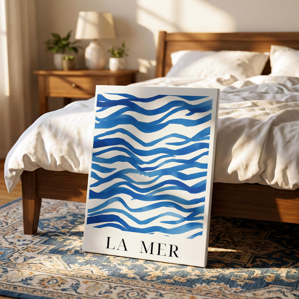 Abstract Blue La Mer Ocean Wave Lines - Framed Canvas Wall Art Print