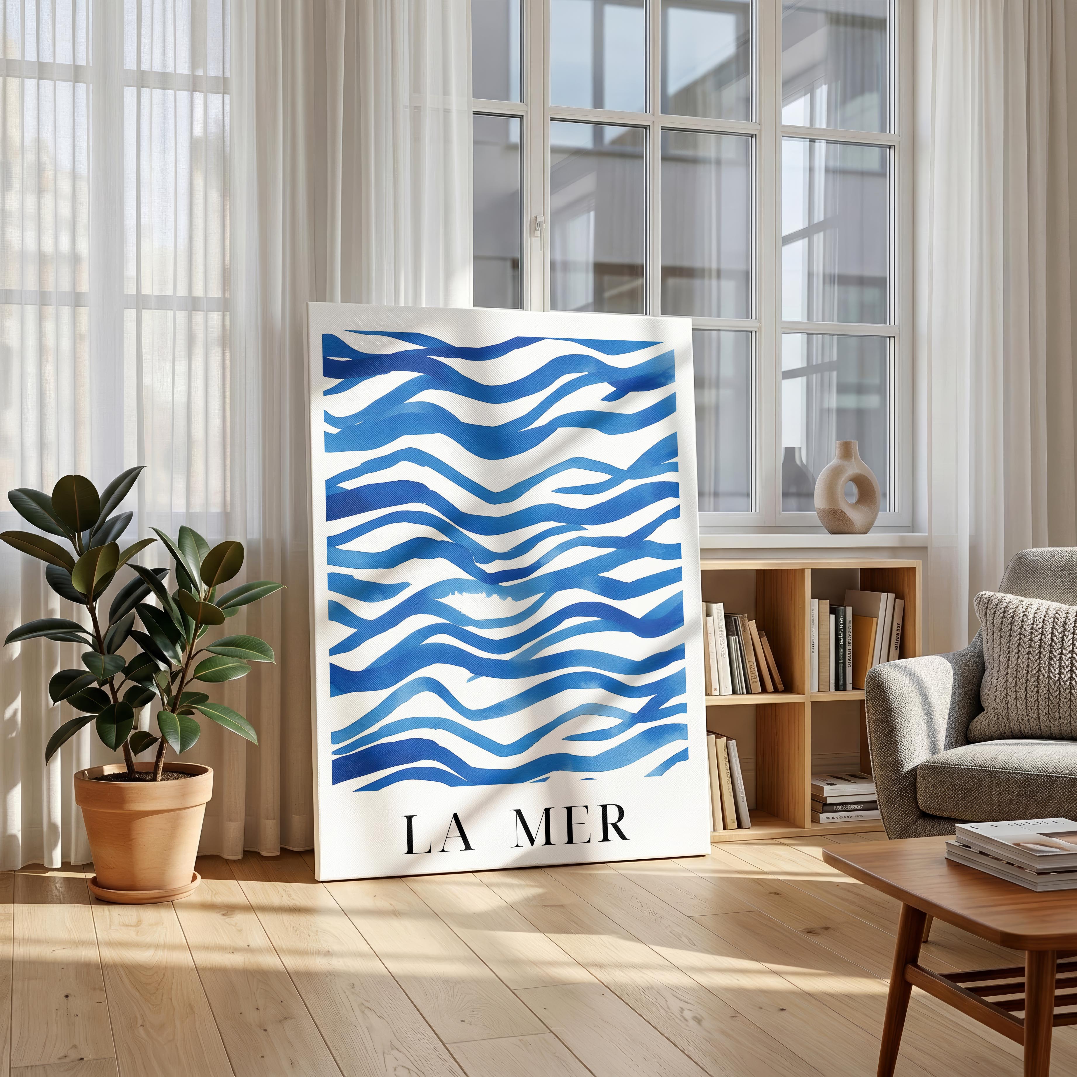 Abstract Blue La Mer Ocean Wave Lines - Framed Canvas Wall Art Print