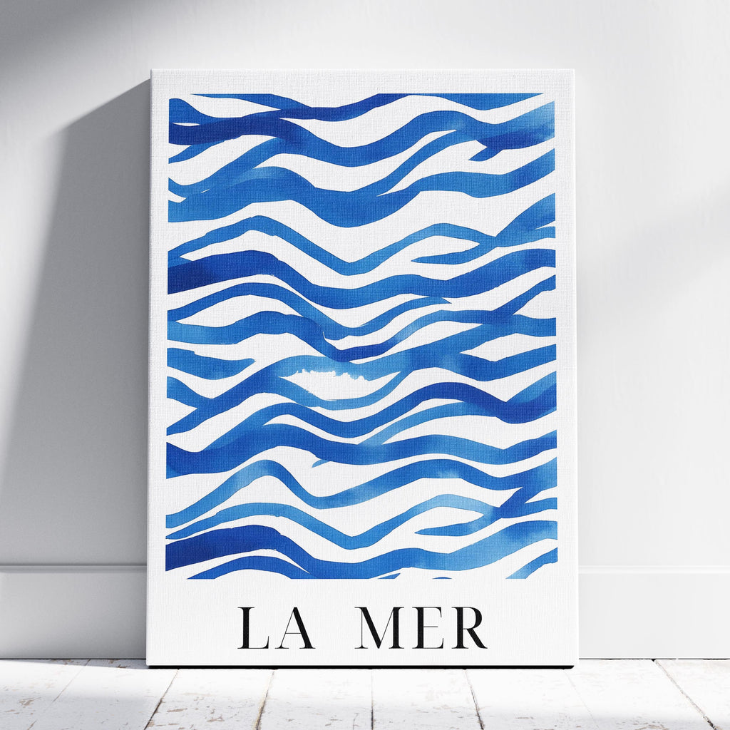 Abstract Blue La Mer Ocean Wave Lines - Framed Canvas Wall Art Print