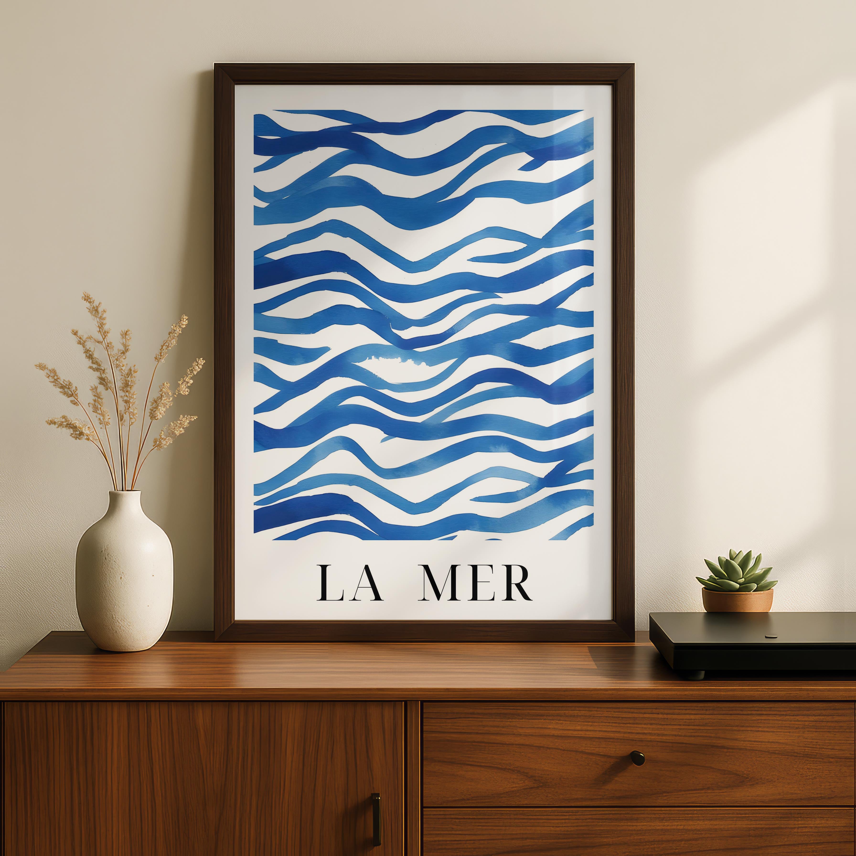 Abstract Blue La Mer Ocean Wave Lines - Rolled Poster Wall Art Print