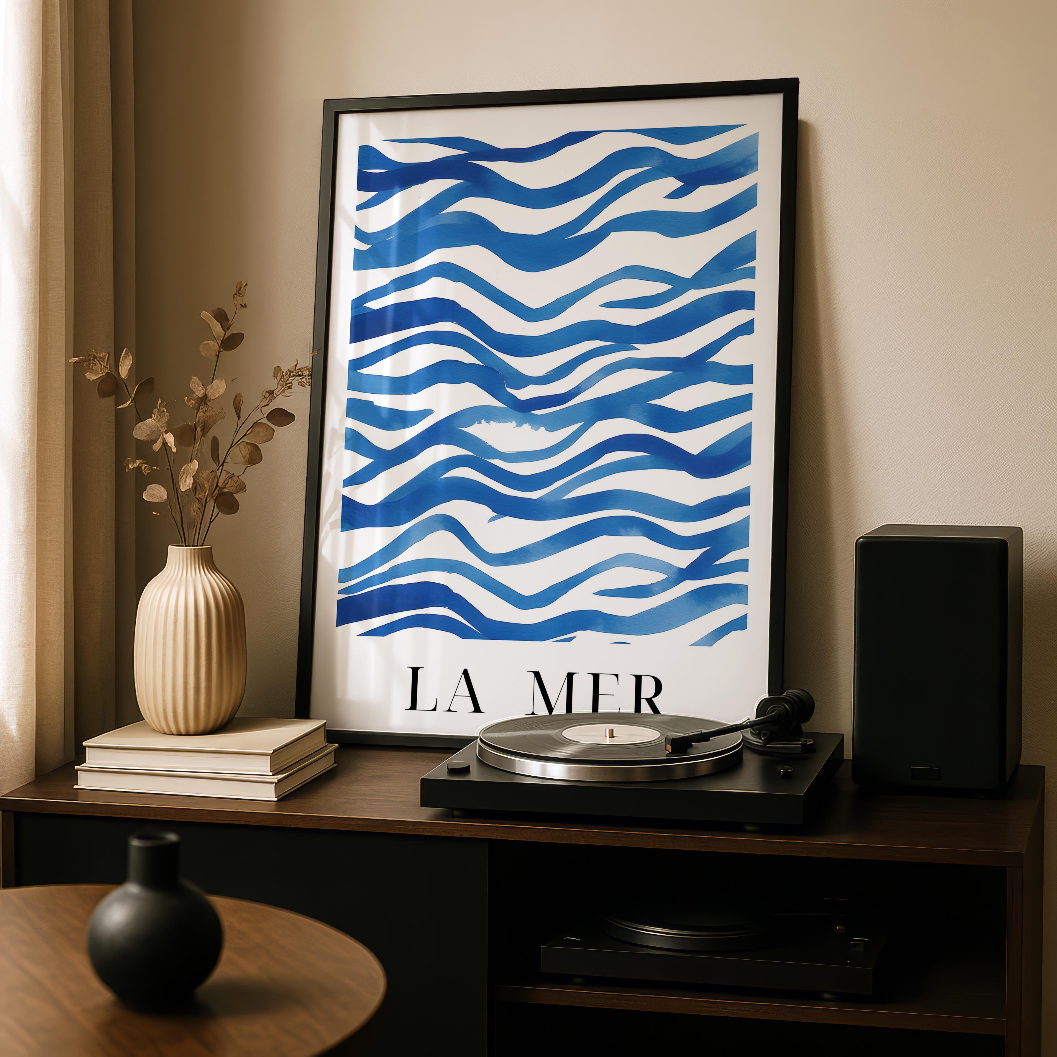 Abstract Blue La Mer Ocean Wave Lines - Rolled Poster Wall Art Print