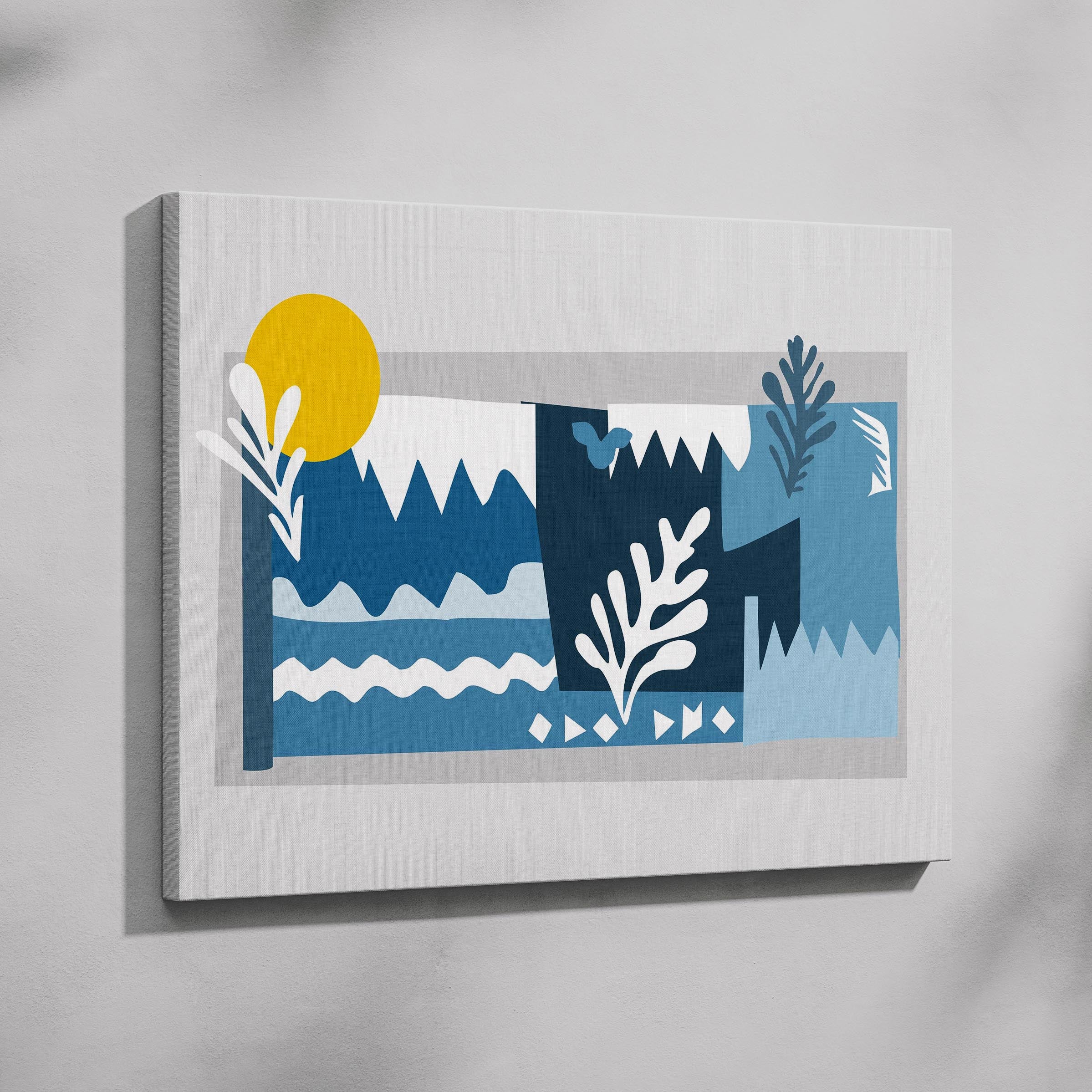 Abstract Blue Landscape with Sun - Framed Canvas Wall Art Print | House Prints