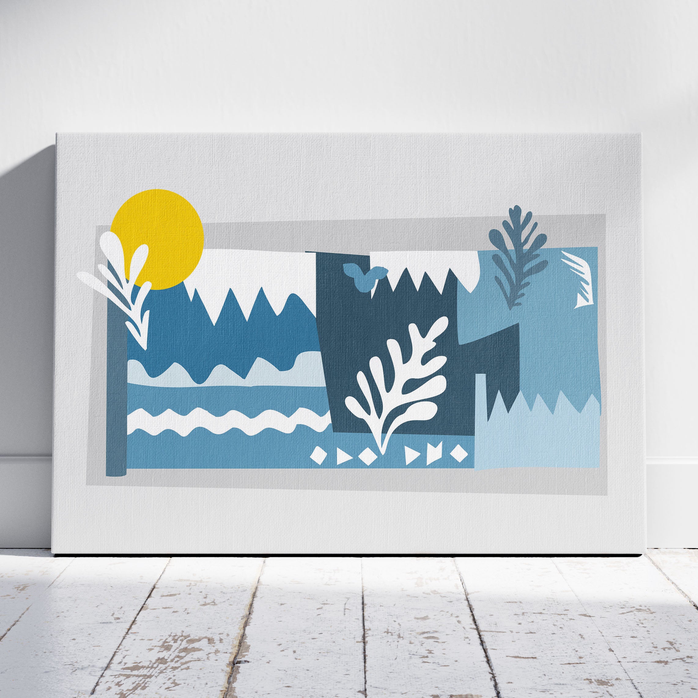 Abstract Blue Landscape with Sun - Framed Canvas Wall Art Print | House Prints