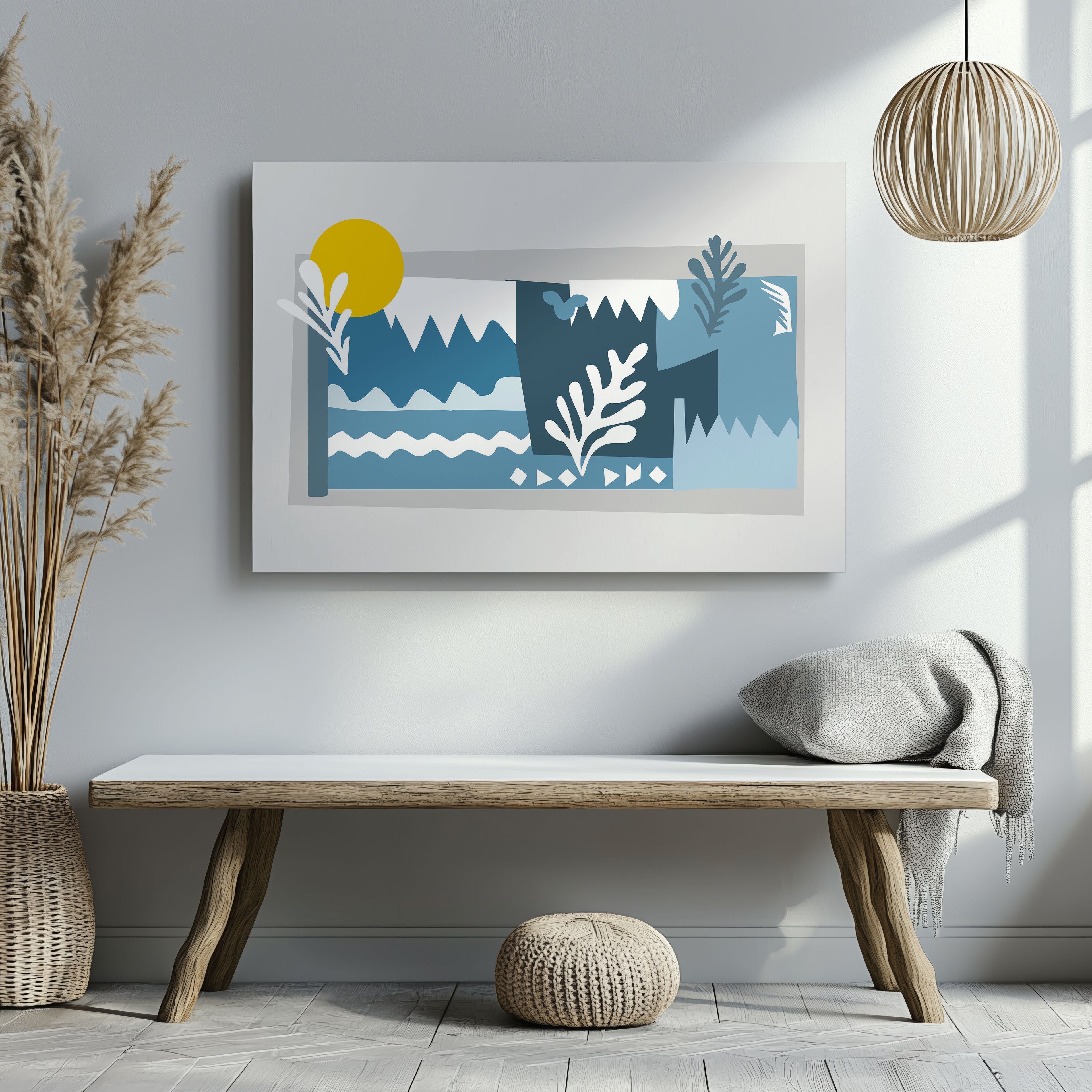 Abstract Blue Landscape with Sun - Framed Canvas Wall Art Print | House Prints
