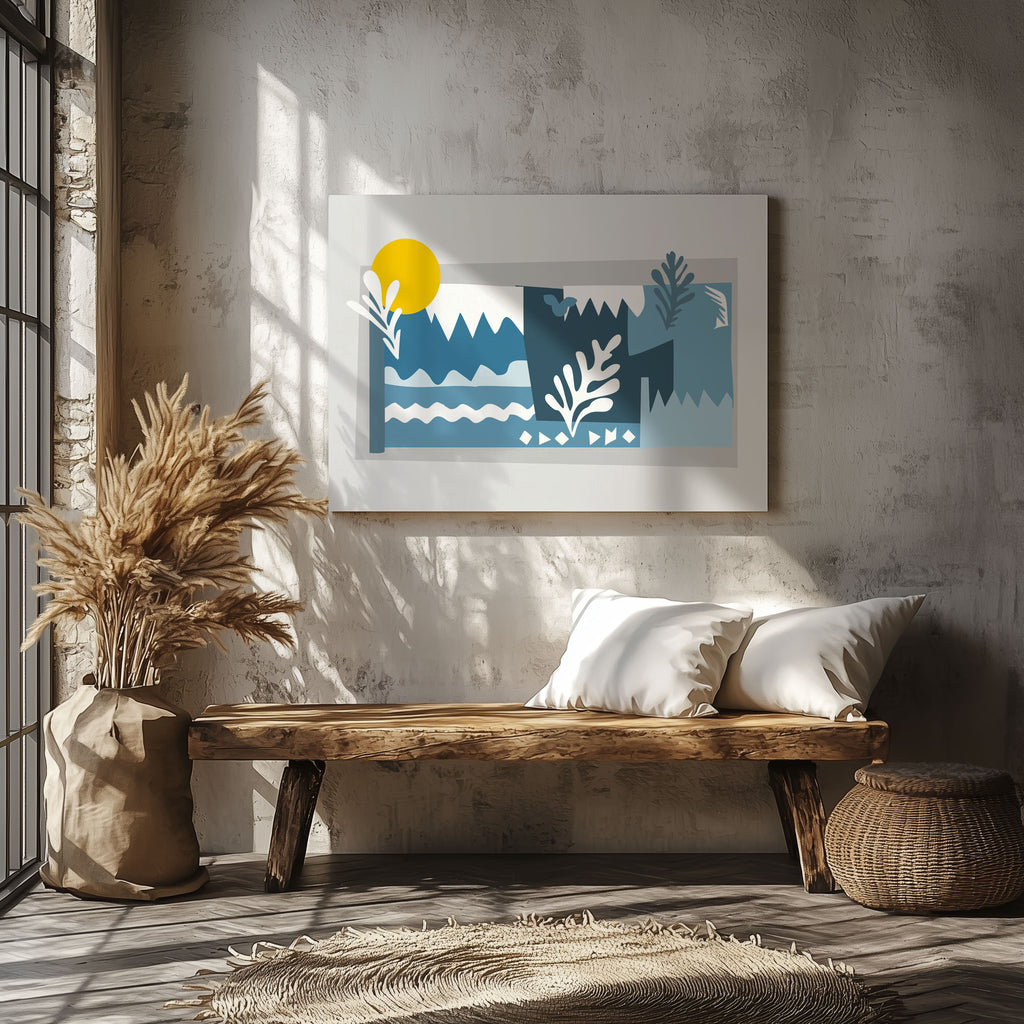 Abstract Blue Landscape with Sun - Framed Canvas Wall Art Print | House Prints
