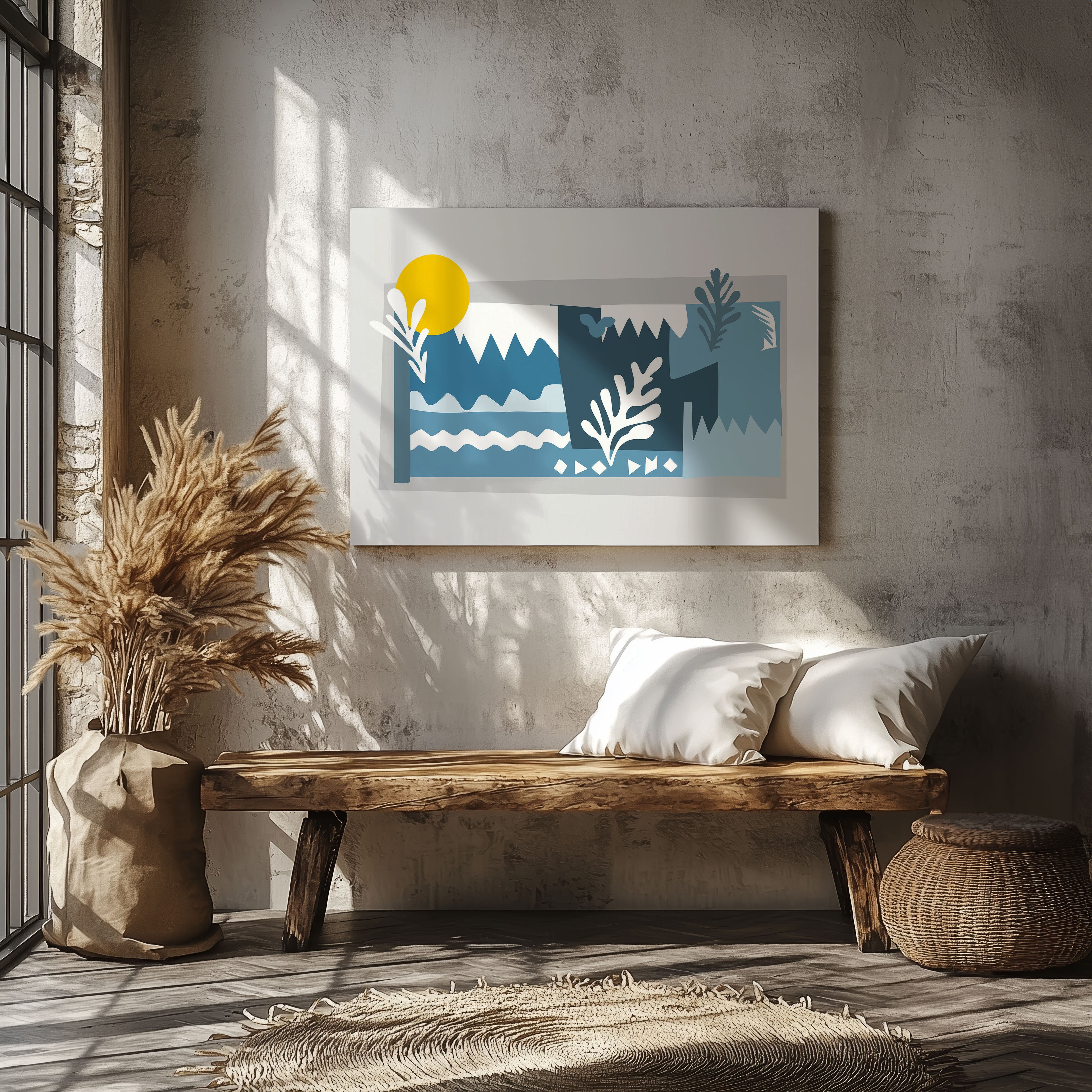 Abstract Blue Landscape with Sun - Framed Canvas Wall Art Print | House Prints