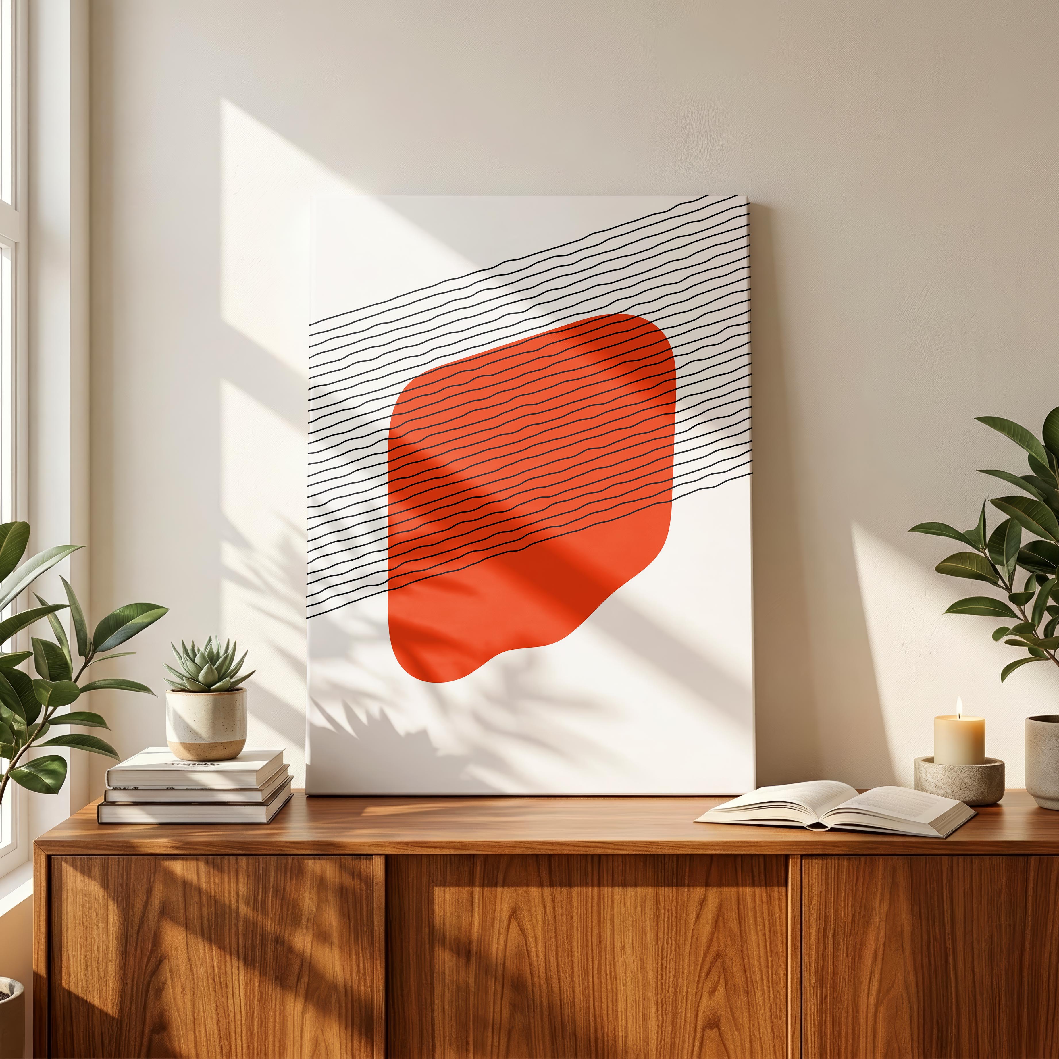 Abstract Boho Burnt Orange Shape with Lines - Framed Canvas Wall Art Print