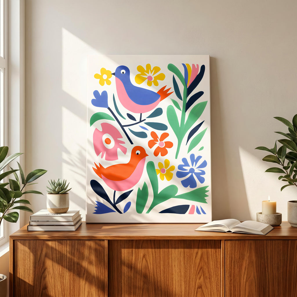 Abstract Colourful Birds in the Flowers - Framed Canvas Wall Art Print | House Prints