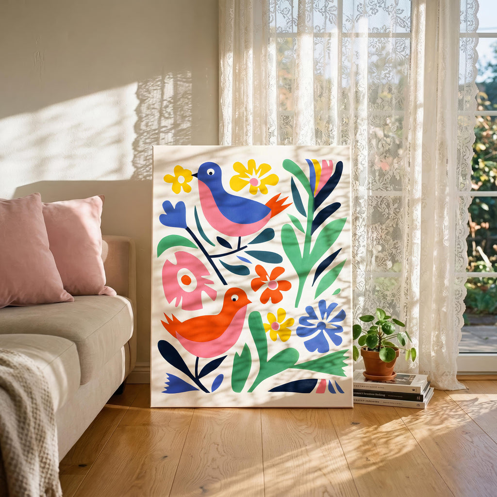 Abstract Colourful Birds in the Flowers - Framed Canvas Wall Art Print | House Prints
