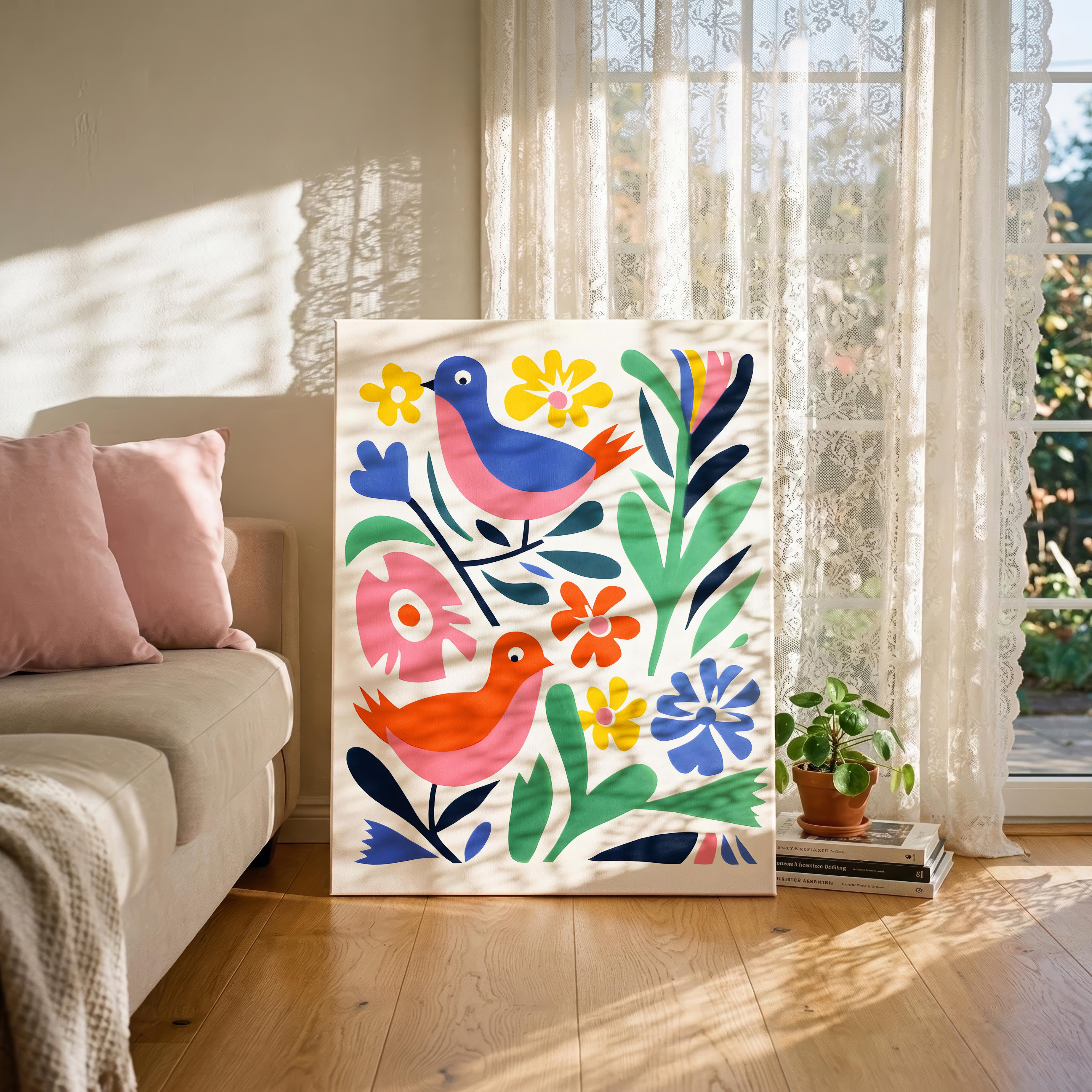 Abstract Colourful Birds in the Flowers - Framed Canvas Wall Art Print | House Prints