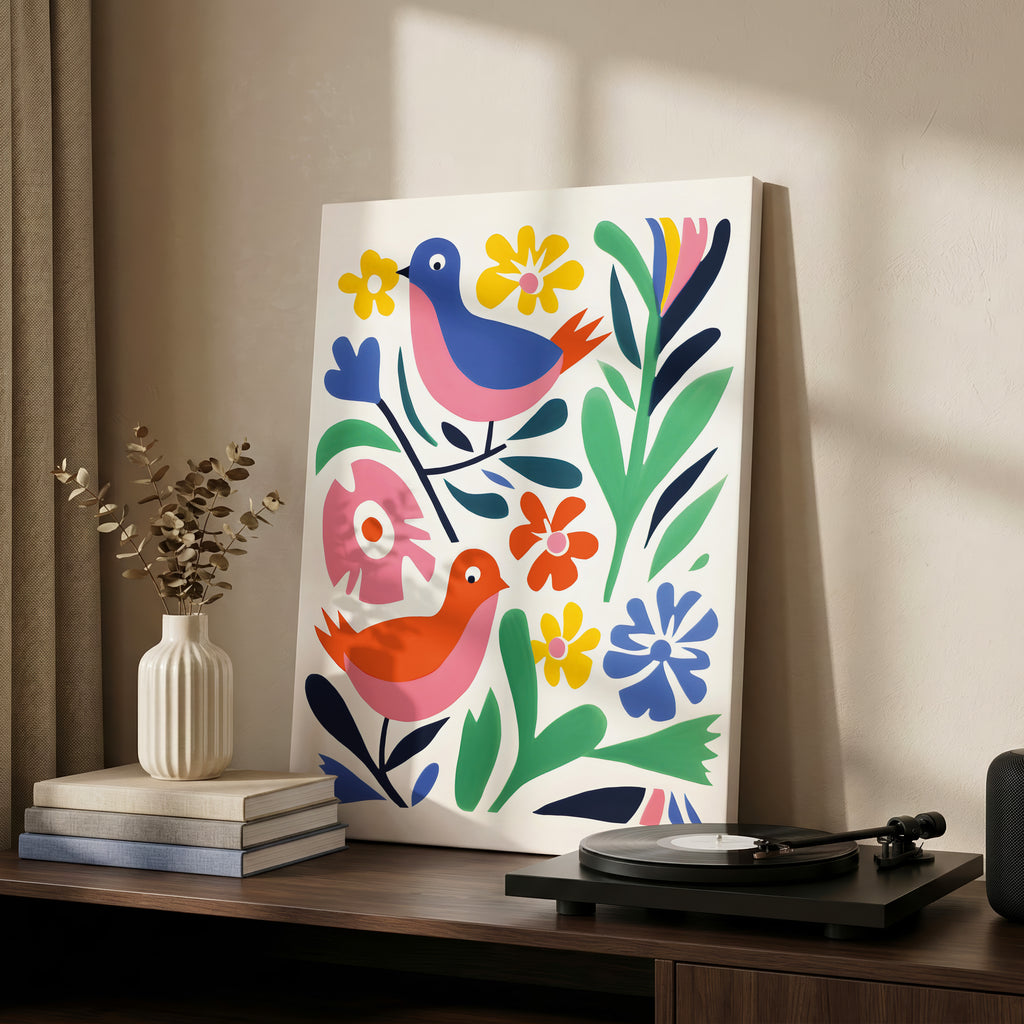 Abstract Colourful Birds in the Flowers - Framed Canvas Wall Art Print | House Prints