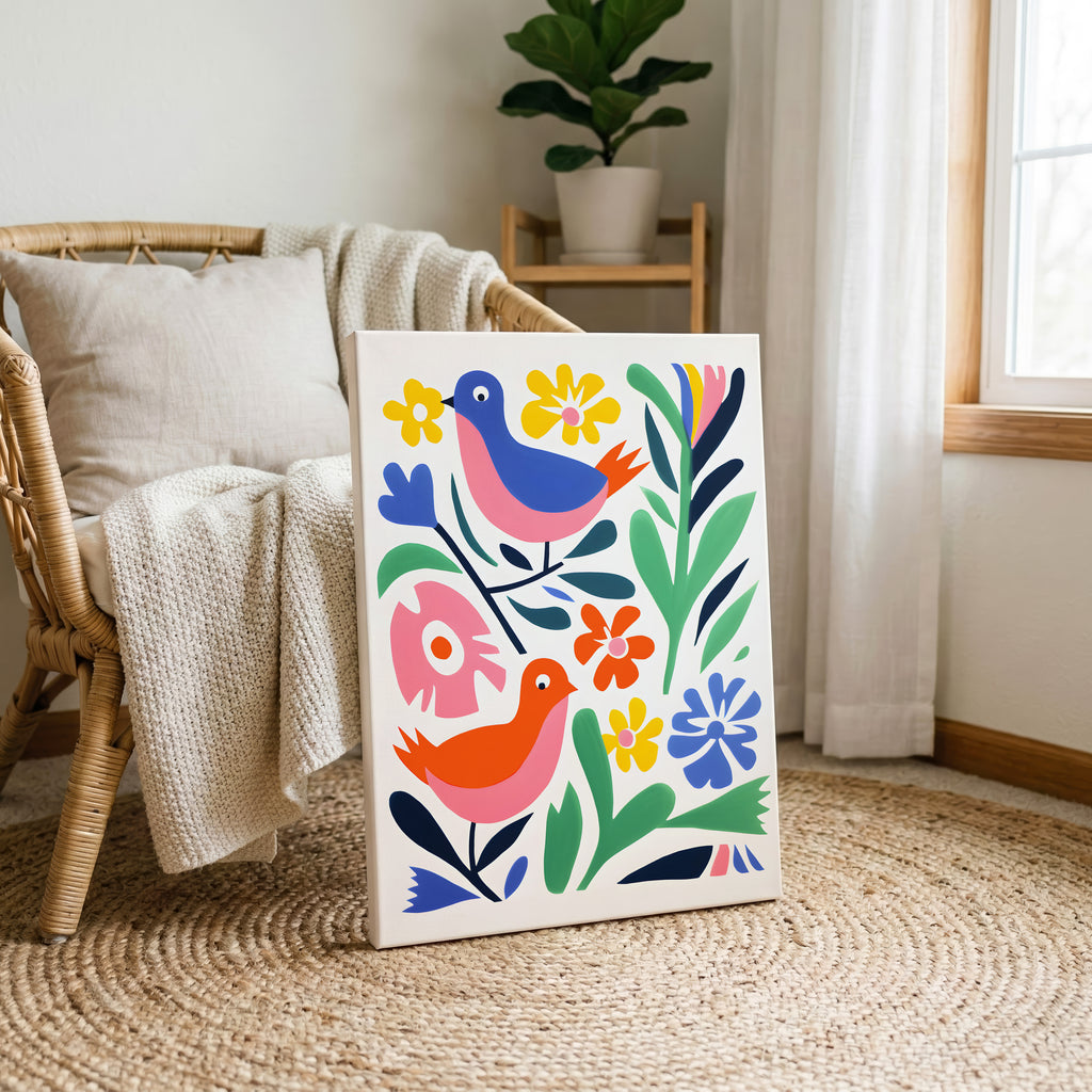 Abstract Colourful Birds in the Flowers - Framed Canvas Wall Art Print | House Prints