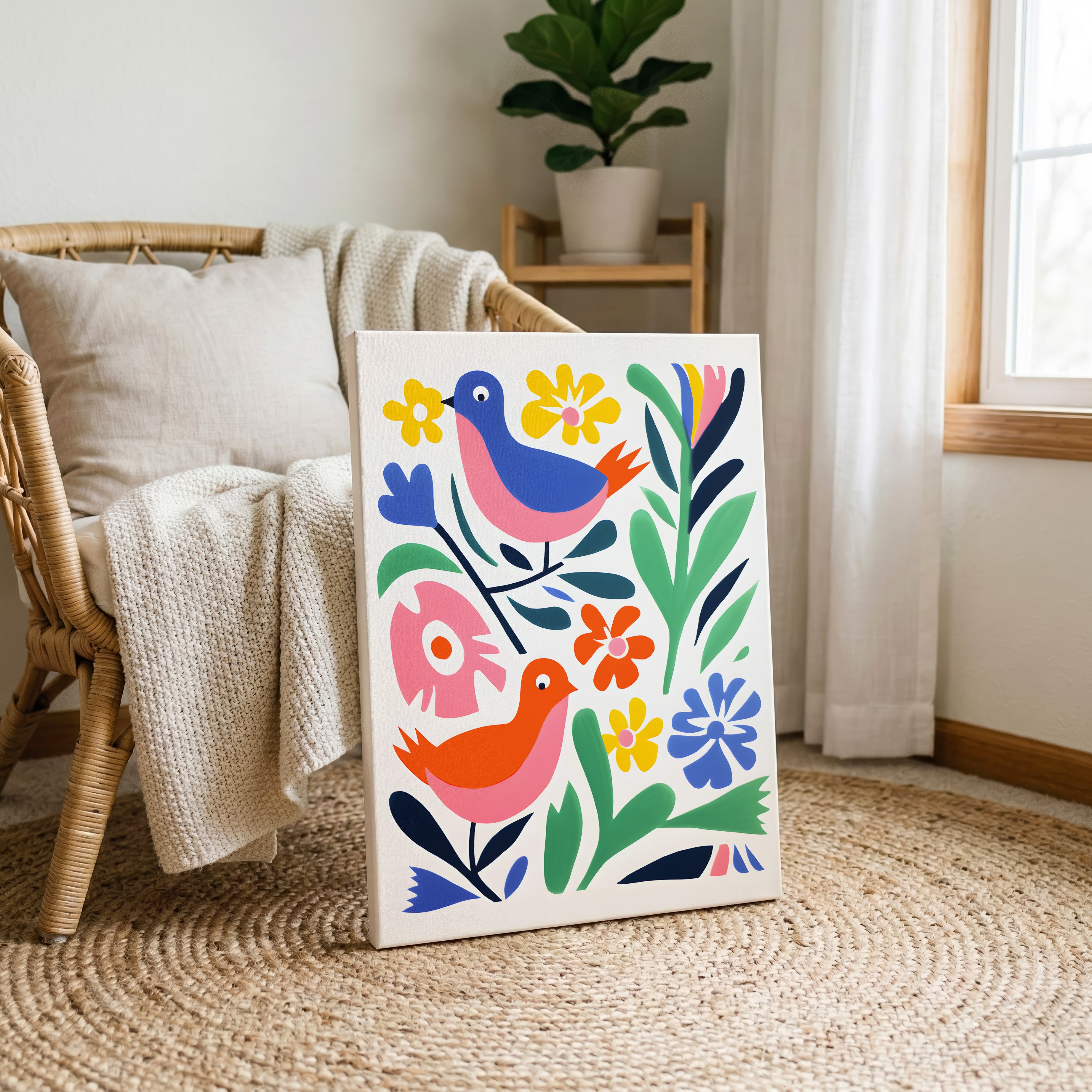 Abstract Colourful Birds in the Flowers - Framed Canvas Wall Art Print | House Prints