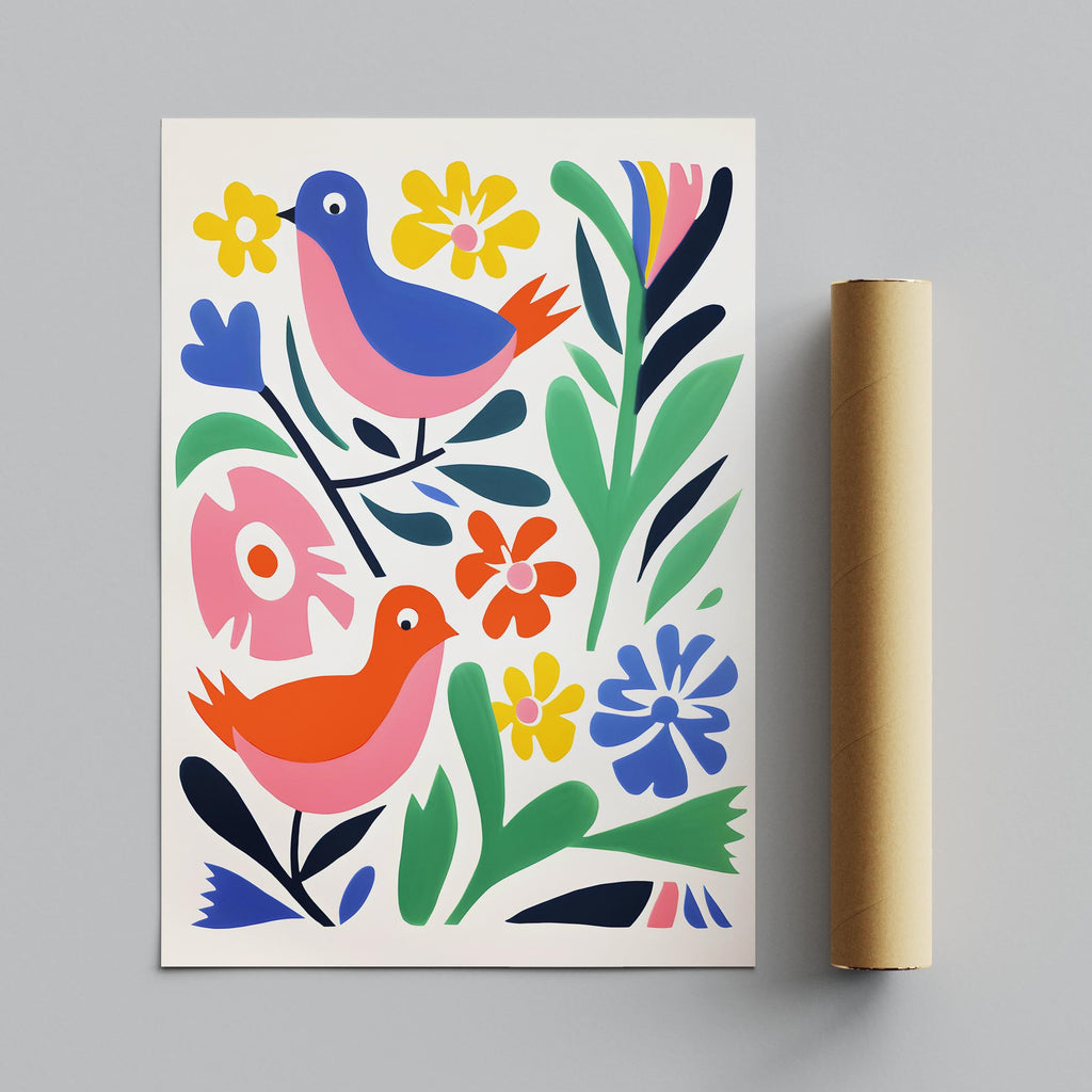 Abstract Colourful Birds in the Flowers - Rolled Poster Wall Art Print | House Prints