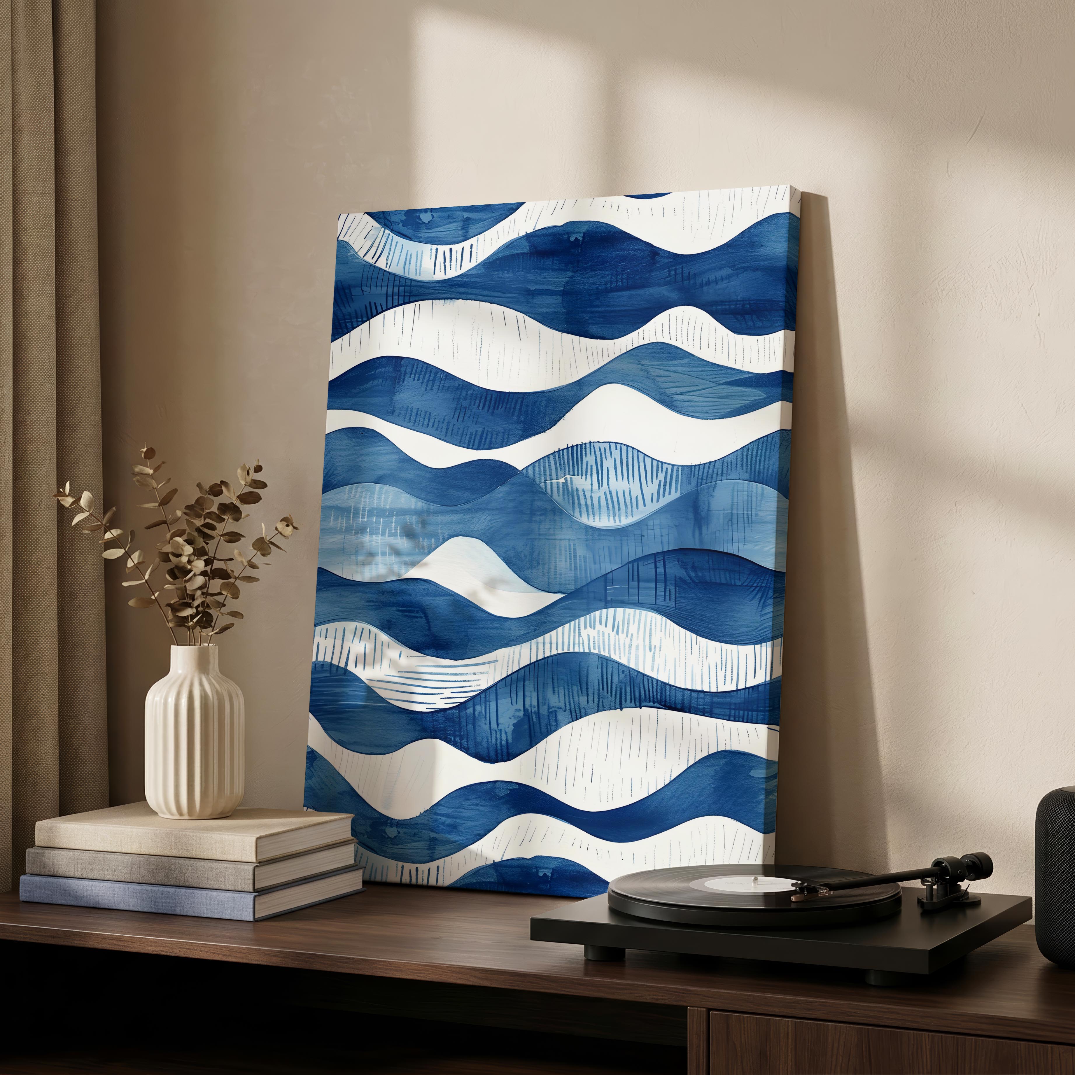 Abstract Deep Blue Flowing Costal Waves - Framed Canvas Wall Art Print