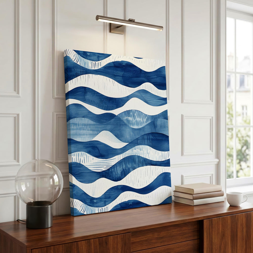 Abstract Deep Blue Flowing Costal Waves - Framed Canvas Wall Art Print