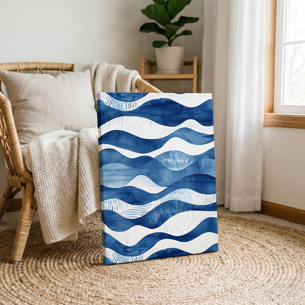 Abstract Deep Blue Flowing Costal Waves - Framed Canvas Wall Art Print