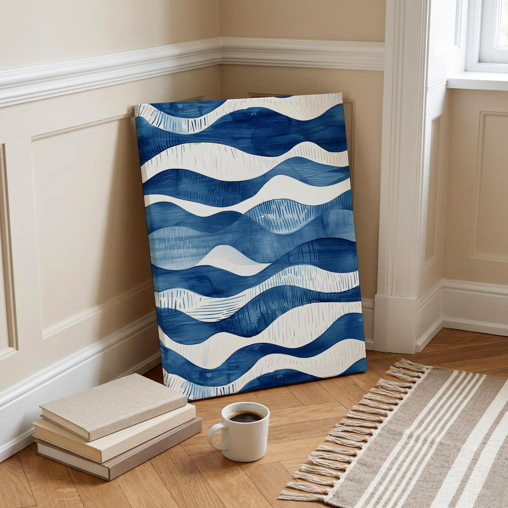 Abstract Deep Blue Flowing Costal Waves - Framed Canvas Wall Art Print