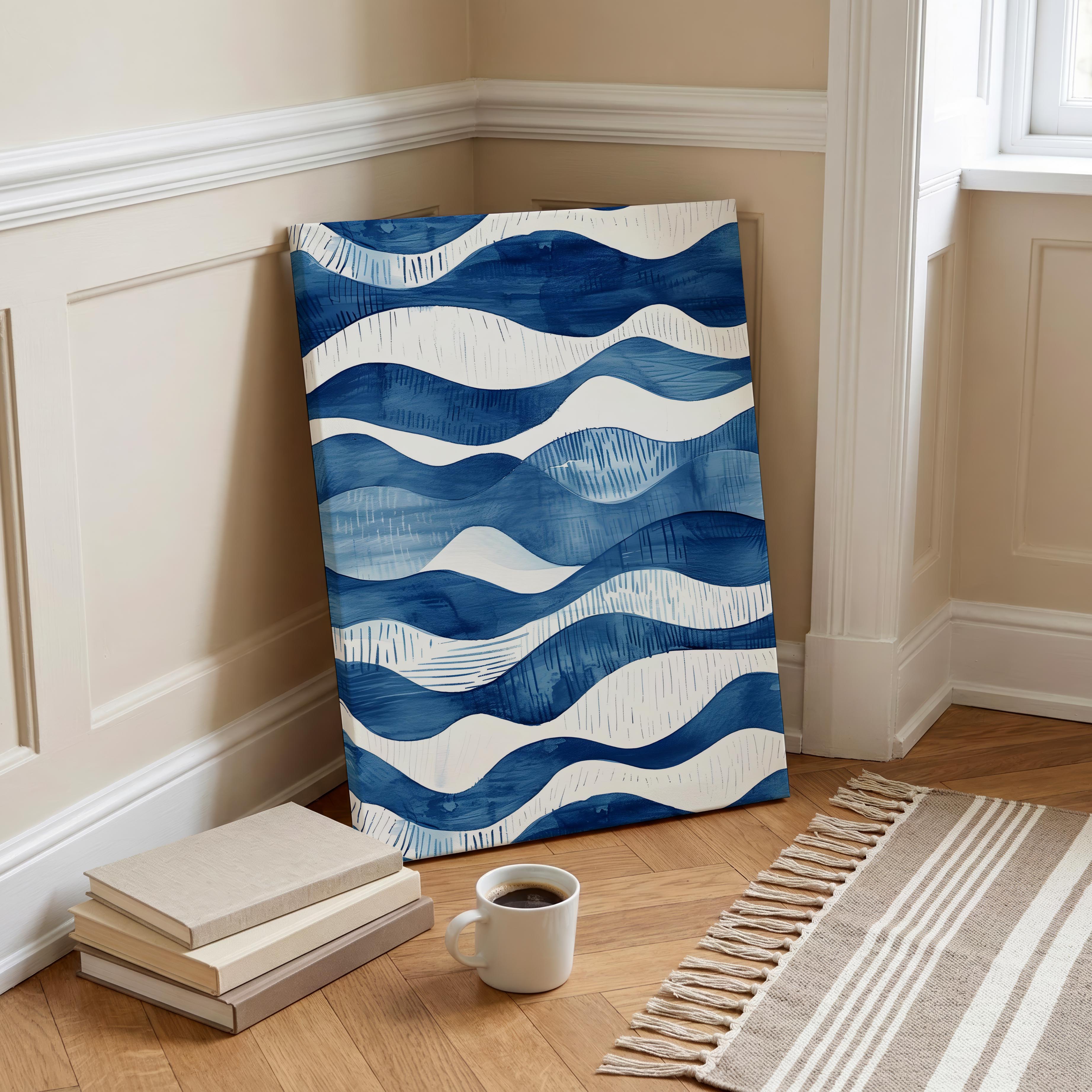 Abstract Deep Blue Flowing Costal Waves - Framed Canvas Wall Art Print