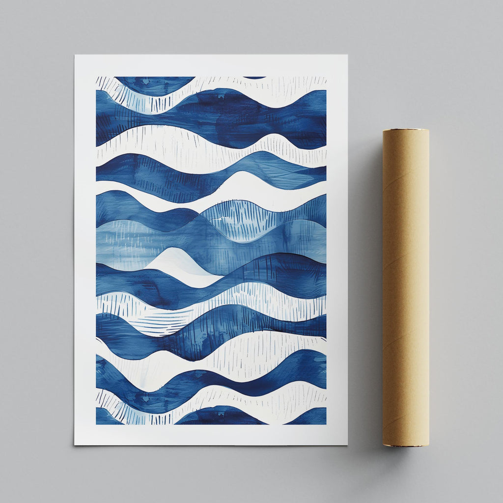 Abstract Deep Blue Flowing Costal Waves - Rolled Poster Wall Art Print | House Prints