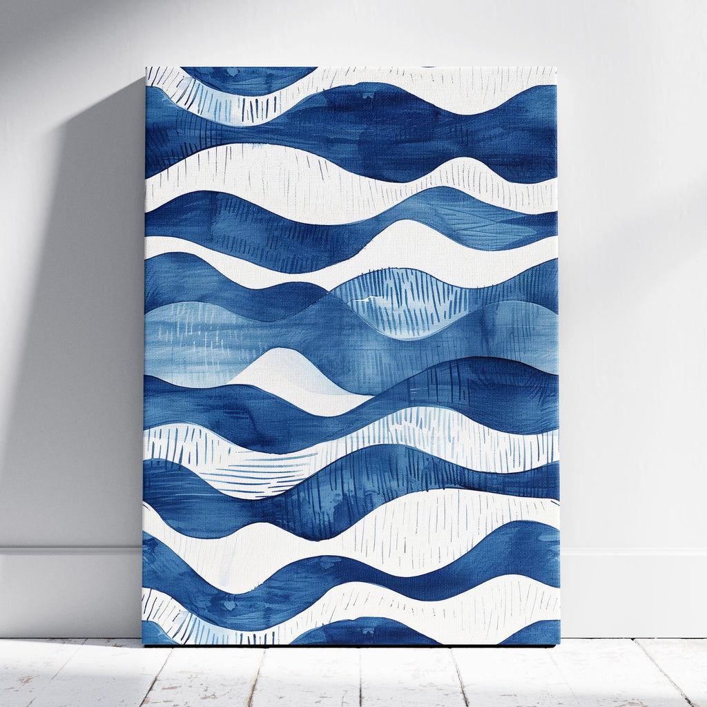 Abstract Deep Blue Flowing Costal Waves - Framed Canvas Wall Art Print
