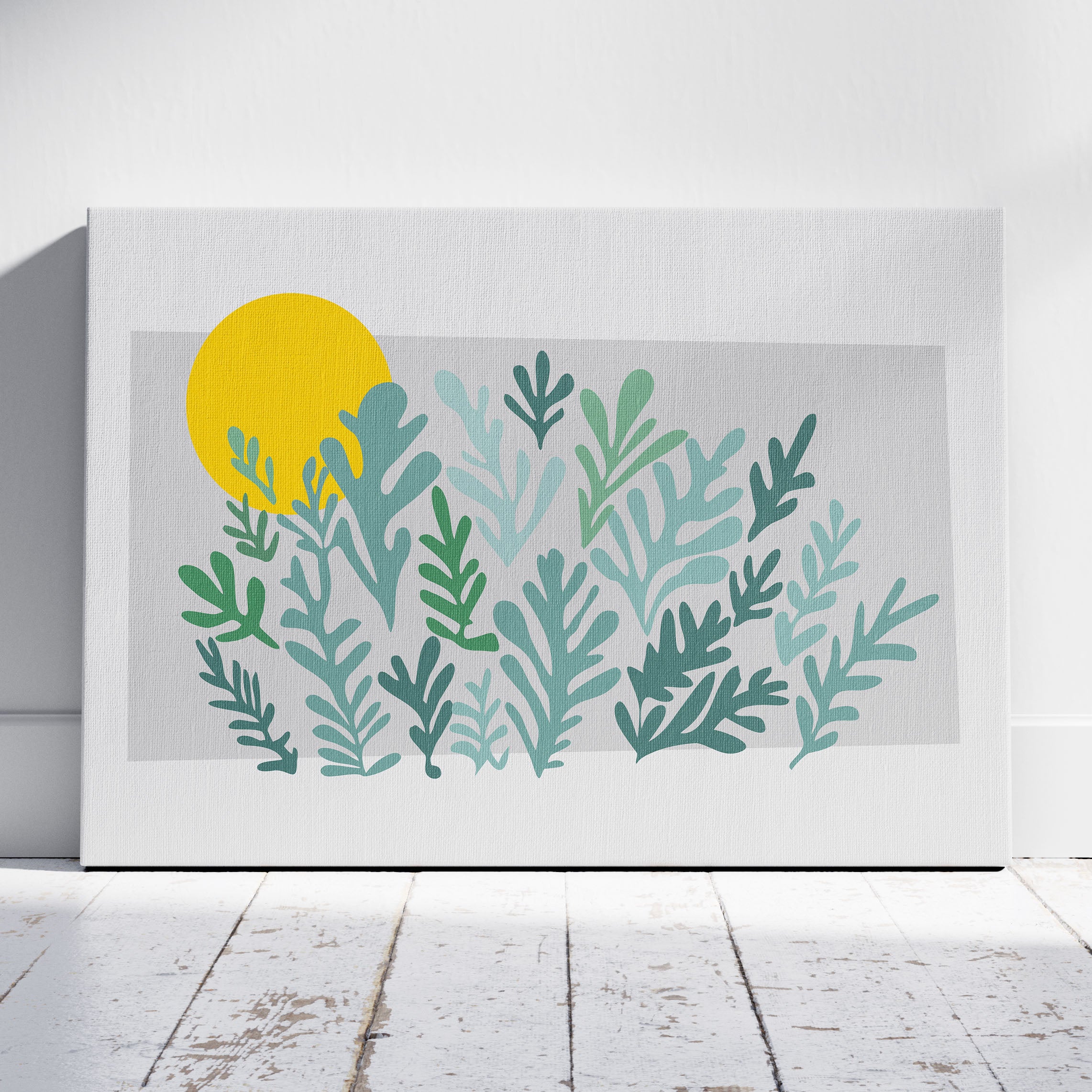 Abstract Minimalist Green Botanical Sunscape - Framed Canvas Wall Art Print | House Prints