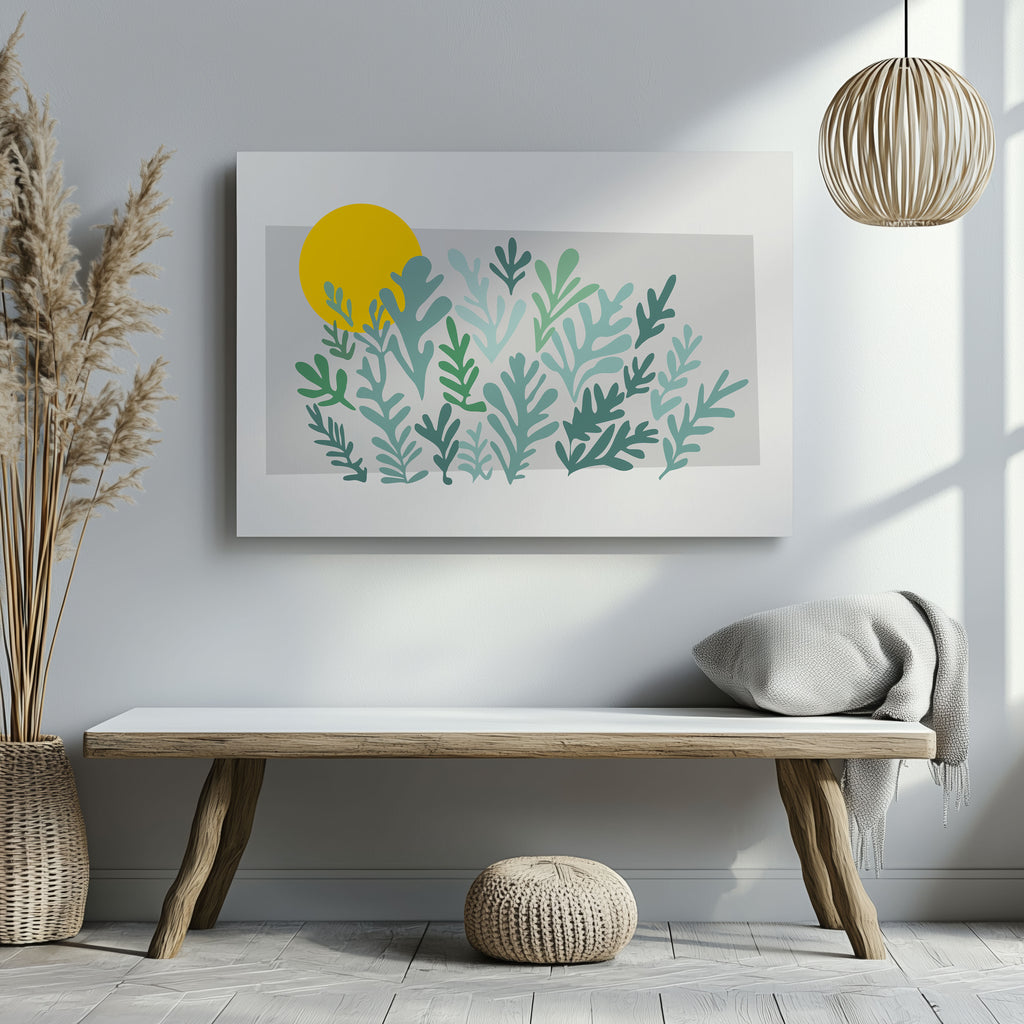 Abstract Minimalist Green Botanical Sunscape - Framed Canvas Wall Art Print | House Prints