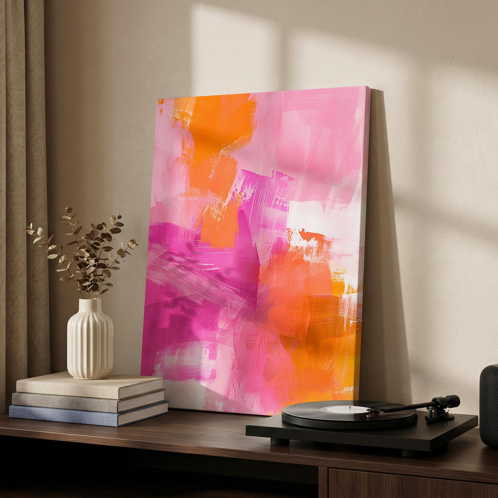 Abstract Modern Pink and Orange Brushstrokes - Framed Canvas Wall Art Print