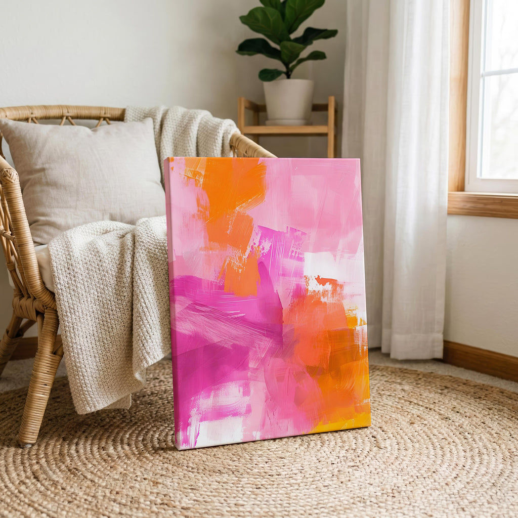 Abstract Modern Pink and Orange Brushstrokes - Framed Canvas Wall Art Print