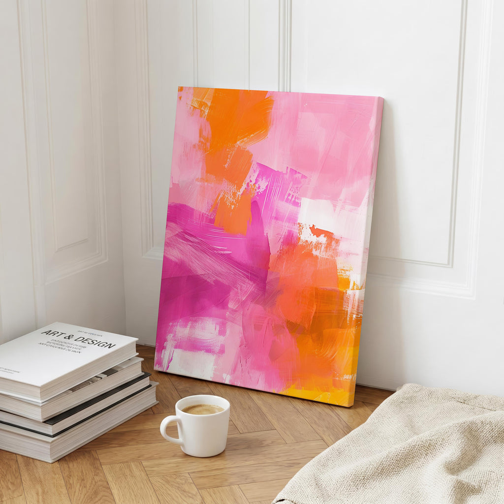 Abstract Modern Pink and Orange Brushstrokes - Framed Canvas Wall Art Print