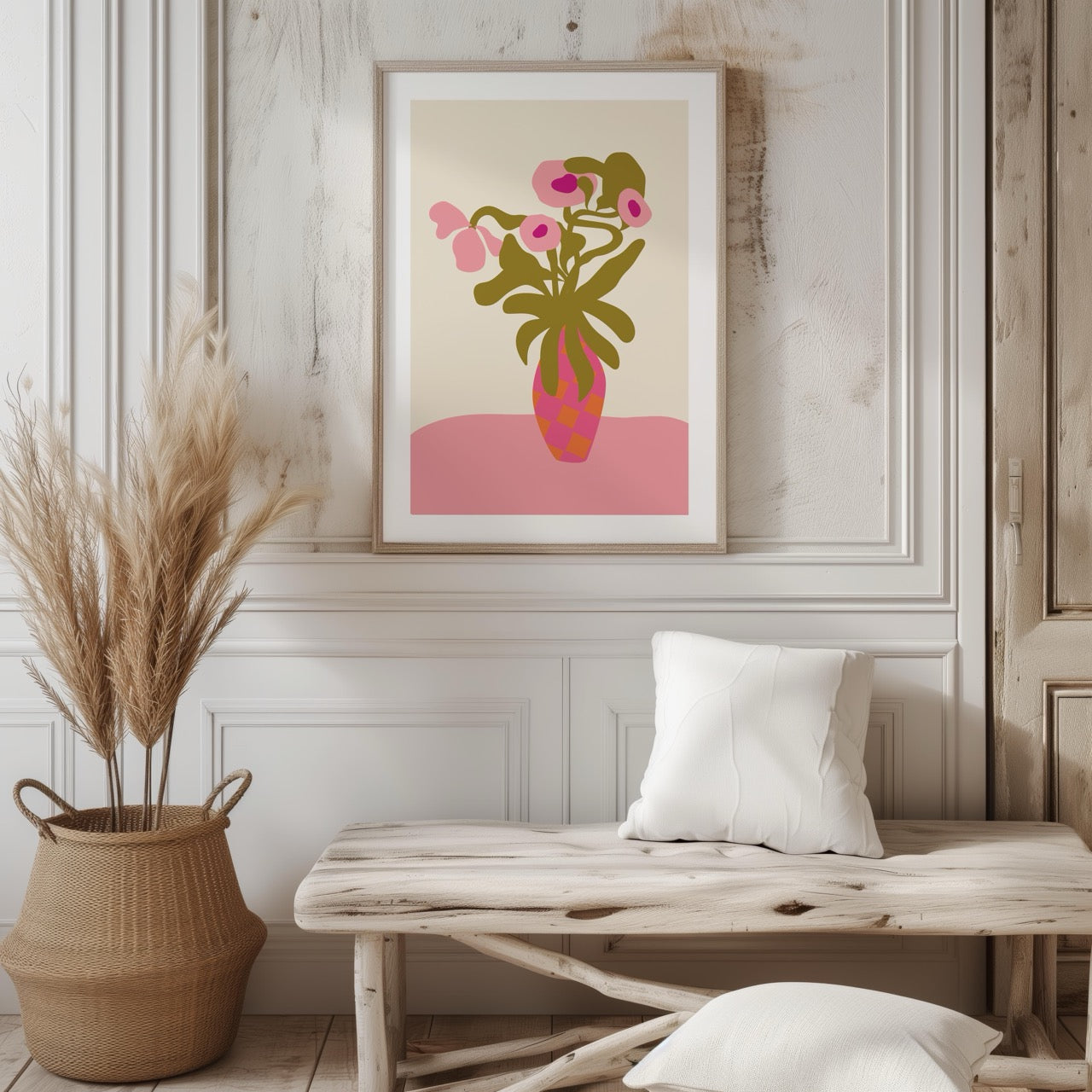 Abstract Pink Flowers & Vase Shapes - Rolled Poster Wall Art Print