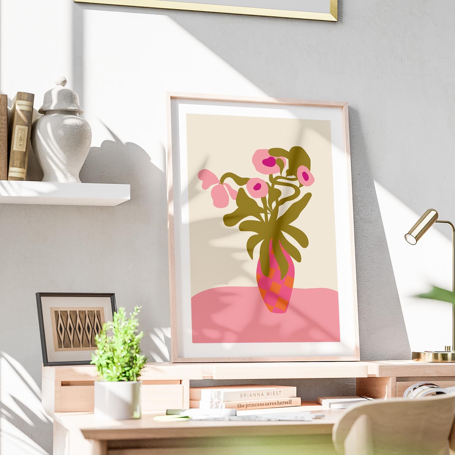 Abstract Pink Flowers & Vase Shapes - Rolled Poster Wall Art Print