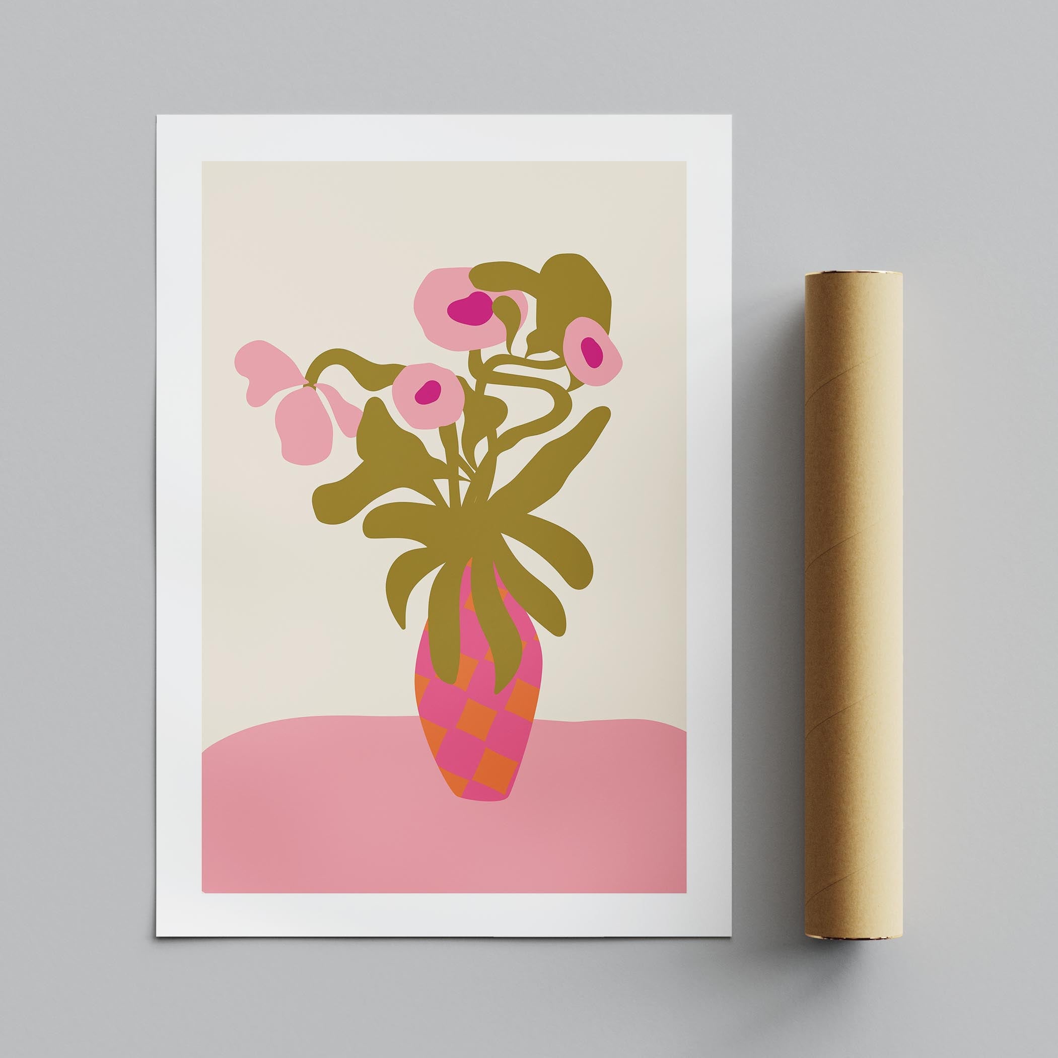 Abstract Pink Flowers & Vase Shapes - Rolled Poster Wall Art Print | House Prints