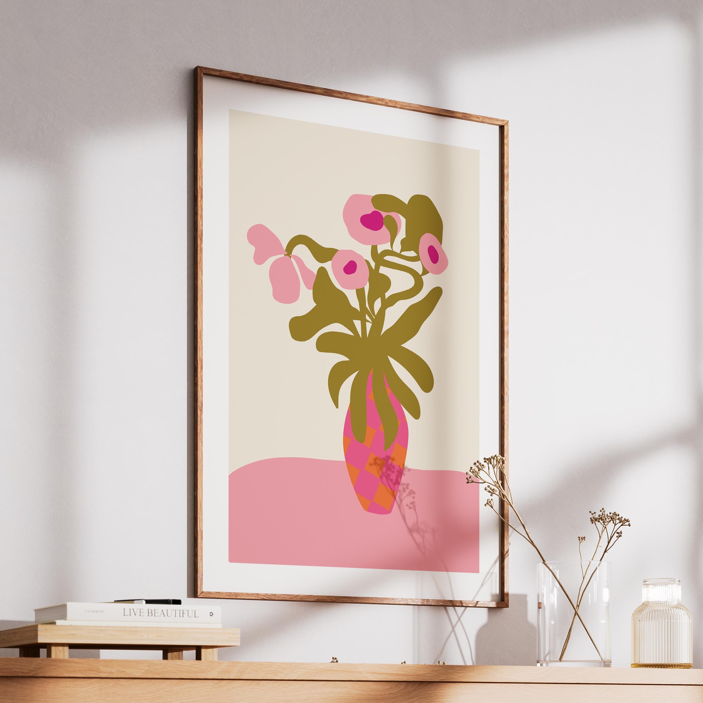 Abstract Pink Flowers & Vase Shapes - Rolled Poster Wall Art Print
