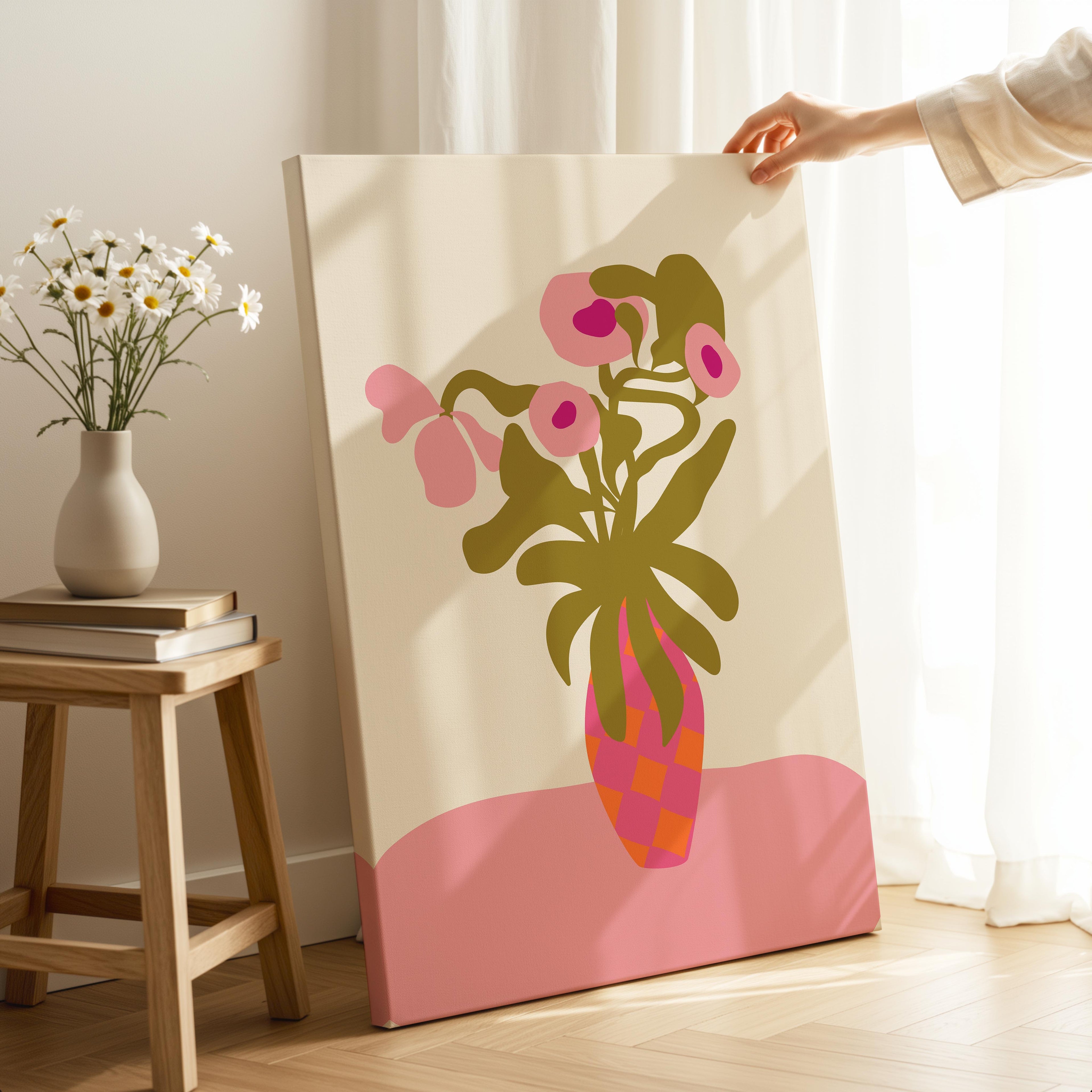 Abstract Pink Flowers & Vase Shapes - Framed Canvas Wall Art Print