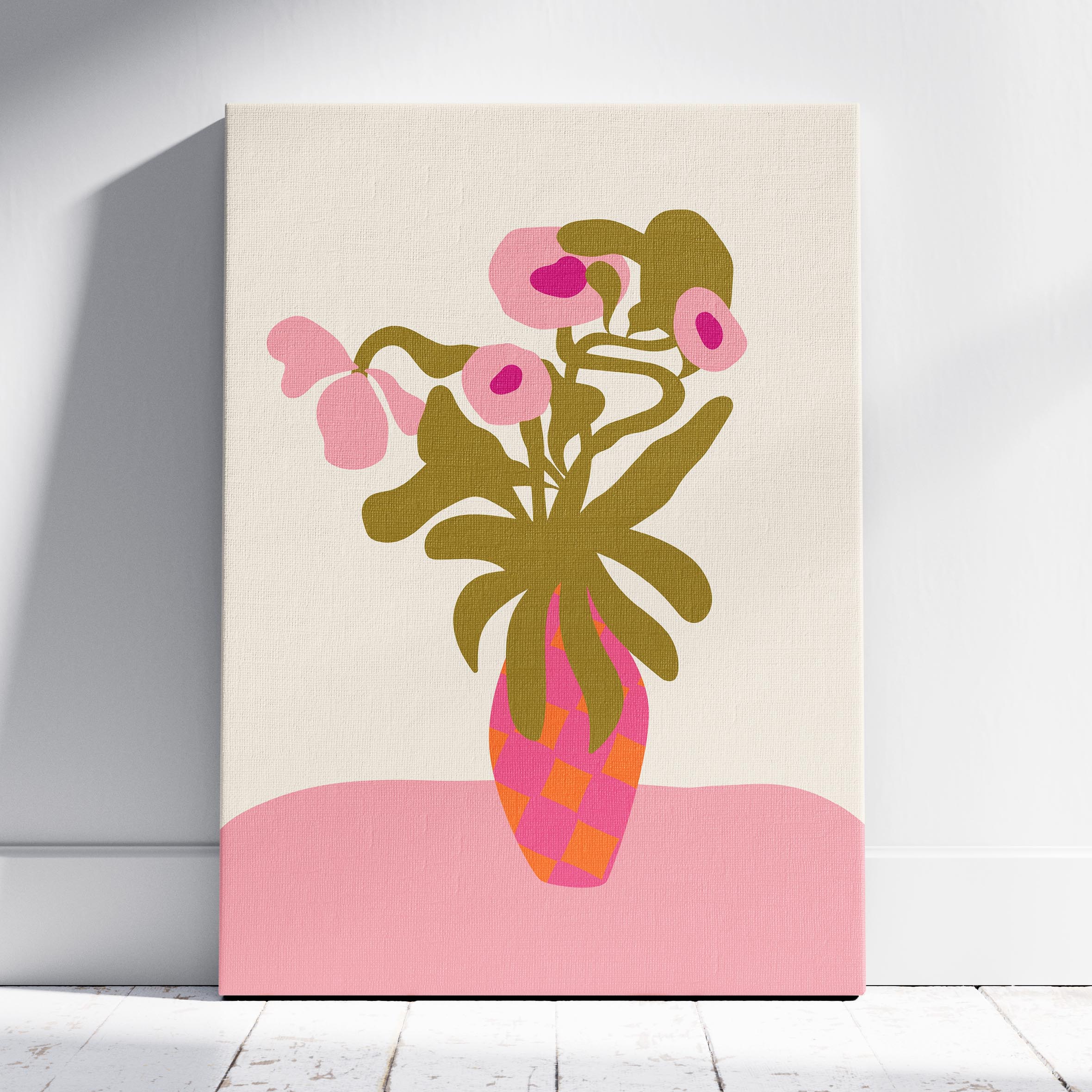 Abstract Pink Flowers & Vase Shapes - Framed Canvas Wall Art Print