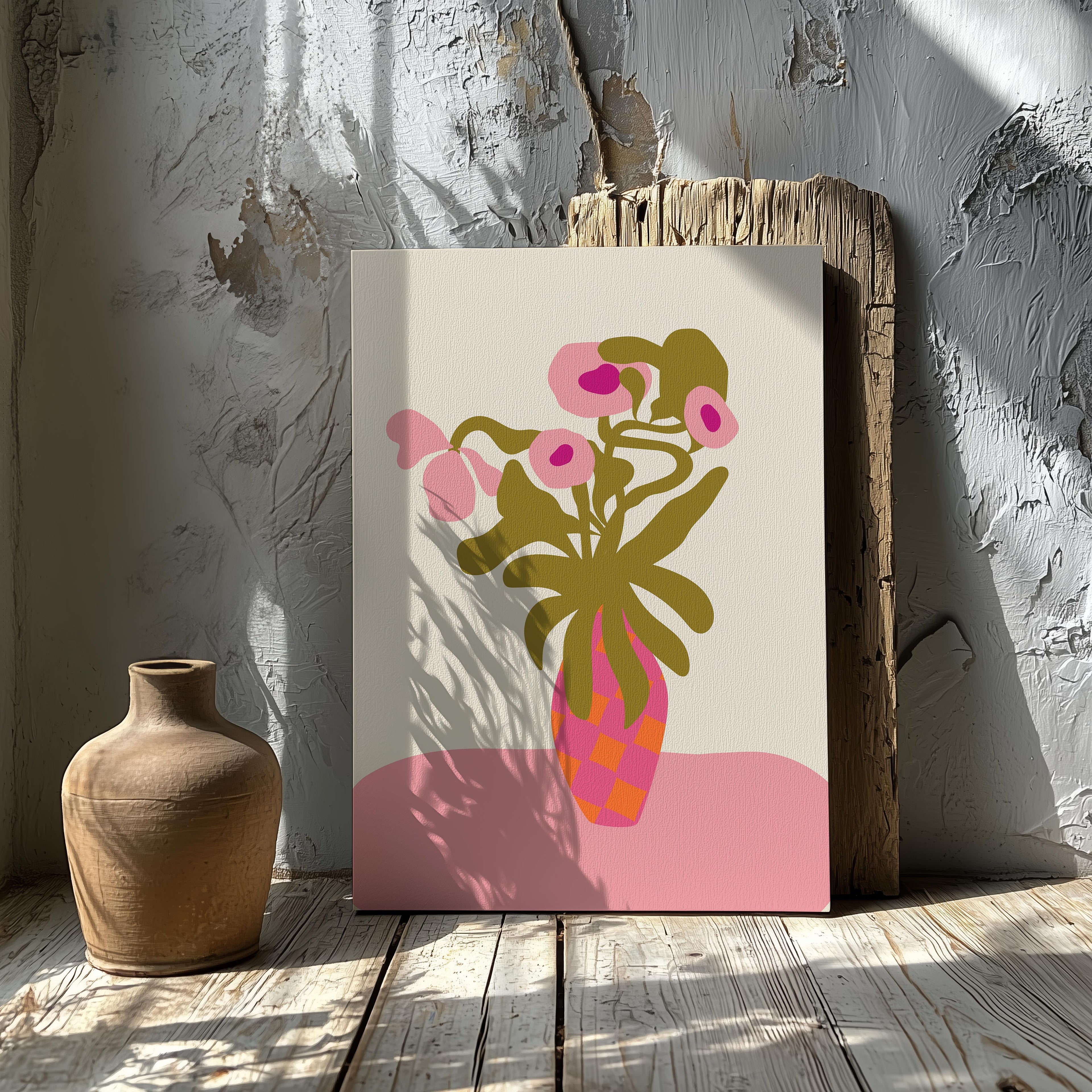 Abstract Pink Flowers & Vase Shapes - Framed Canvas Wall Art Print
