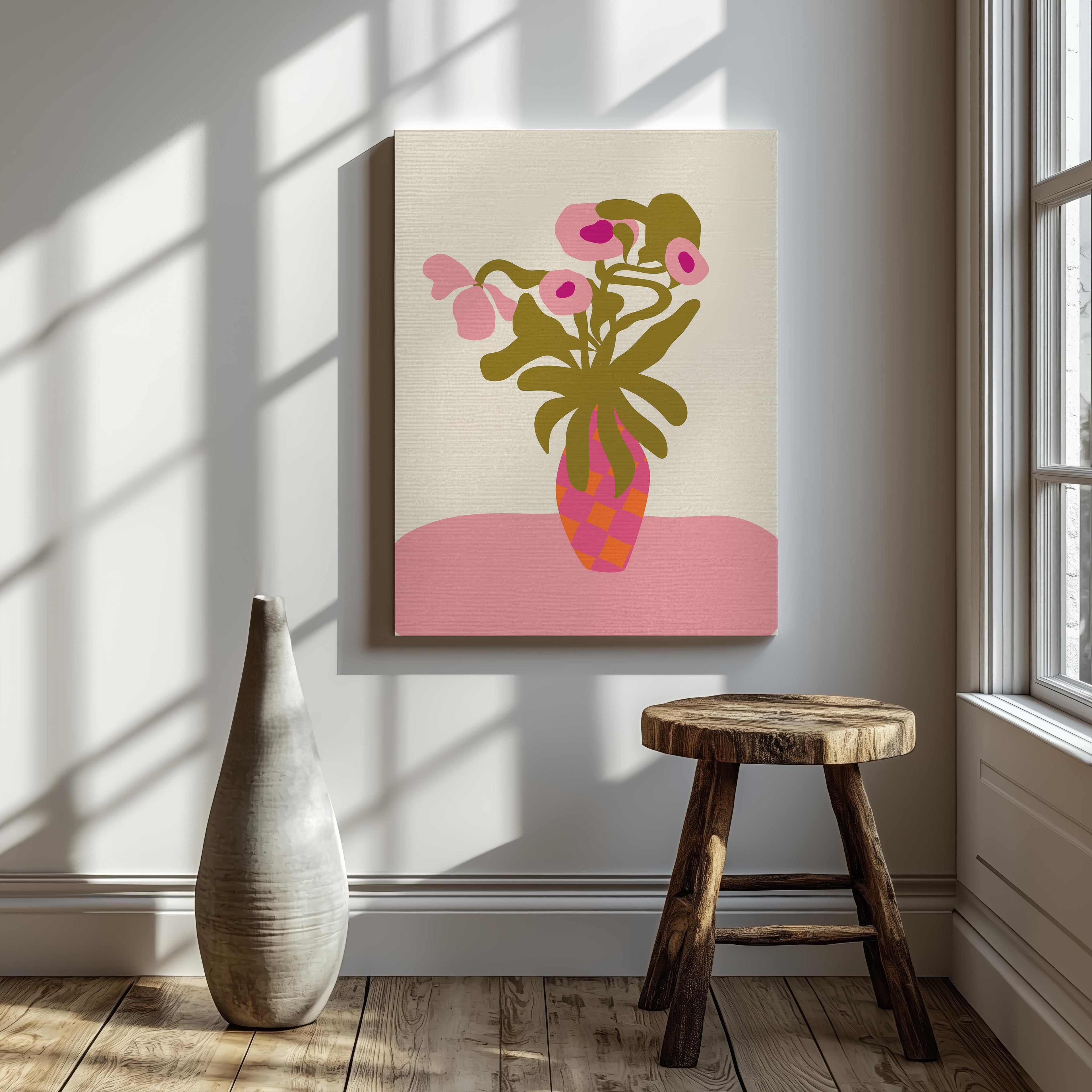 Abstract Pink Flowers & Vase Shapes - Framed Canvas Wall Art Print