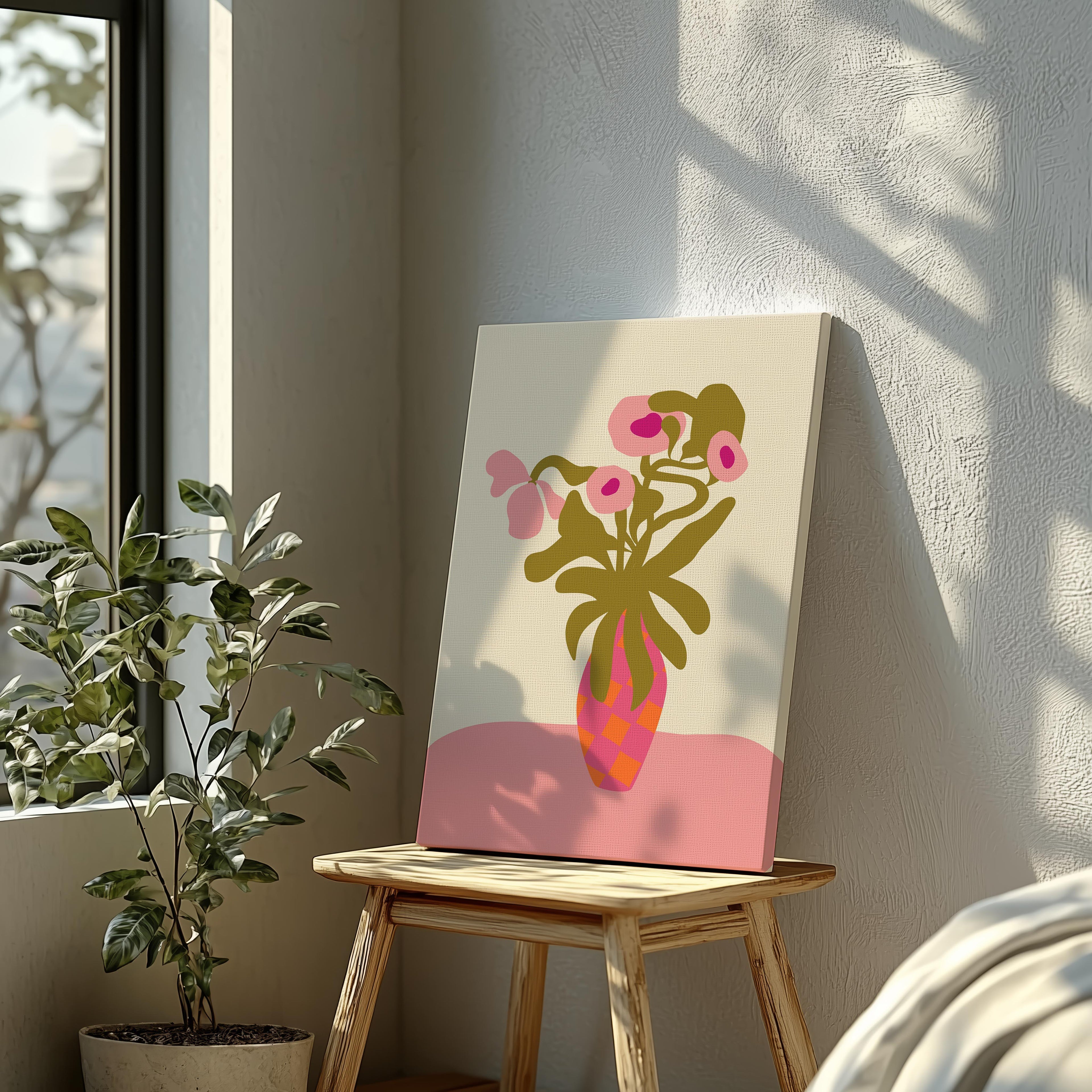 Abstract Pink Flowers & Vase Shapes - Framed Canvas Wall Art Print