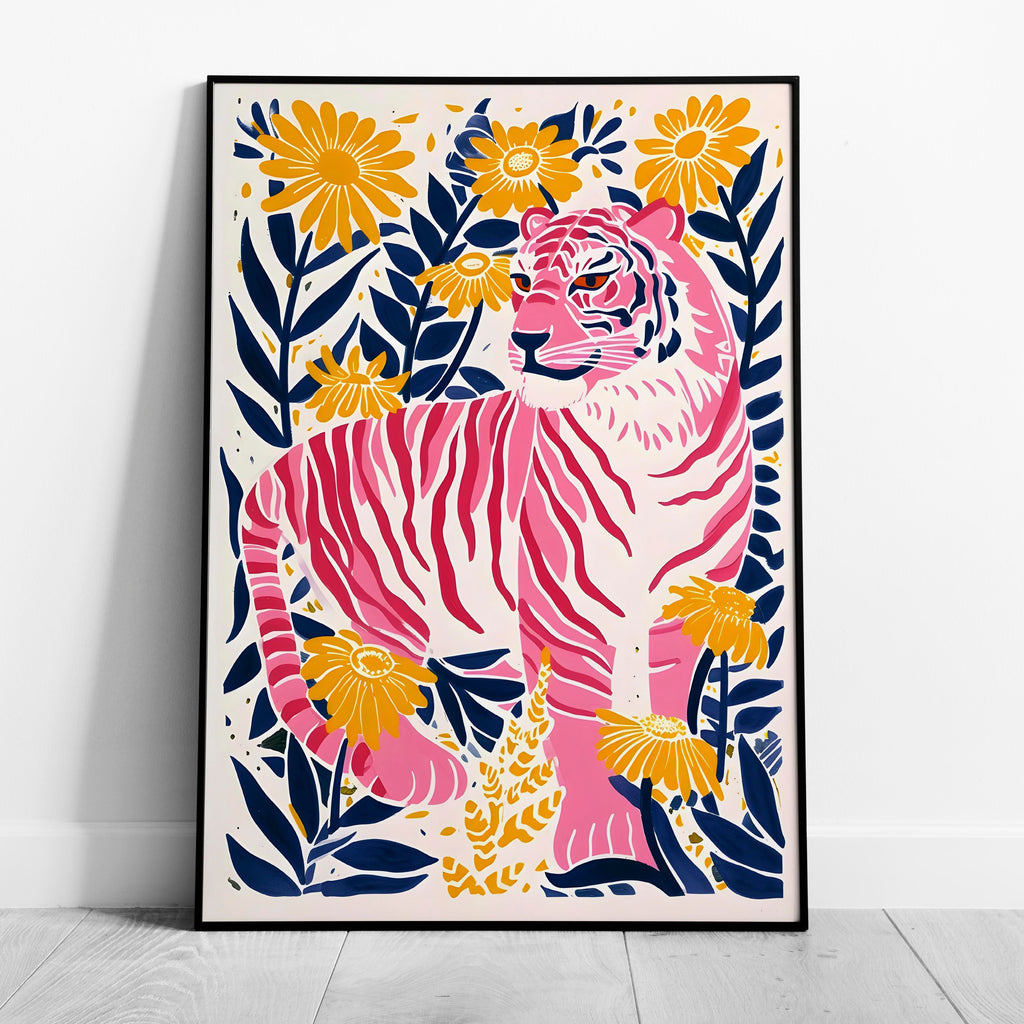 Abstract Pink Tiger in the Jungle Flowers - Rolled Poster Wall Art Print