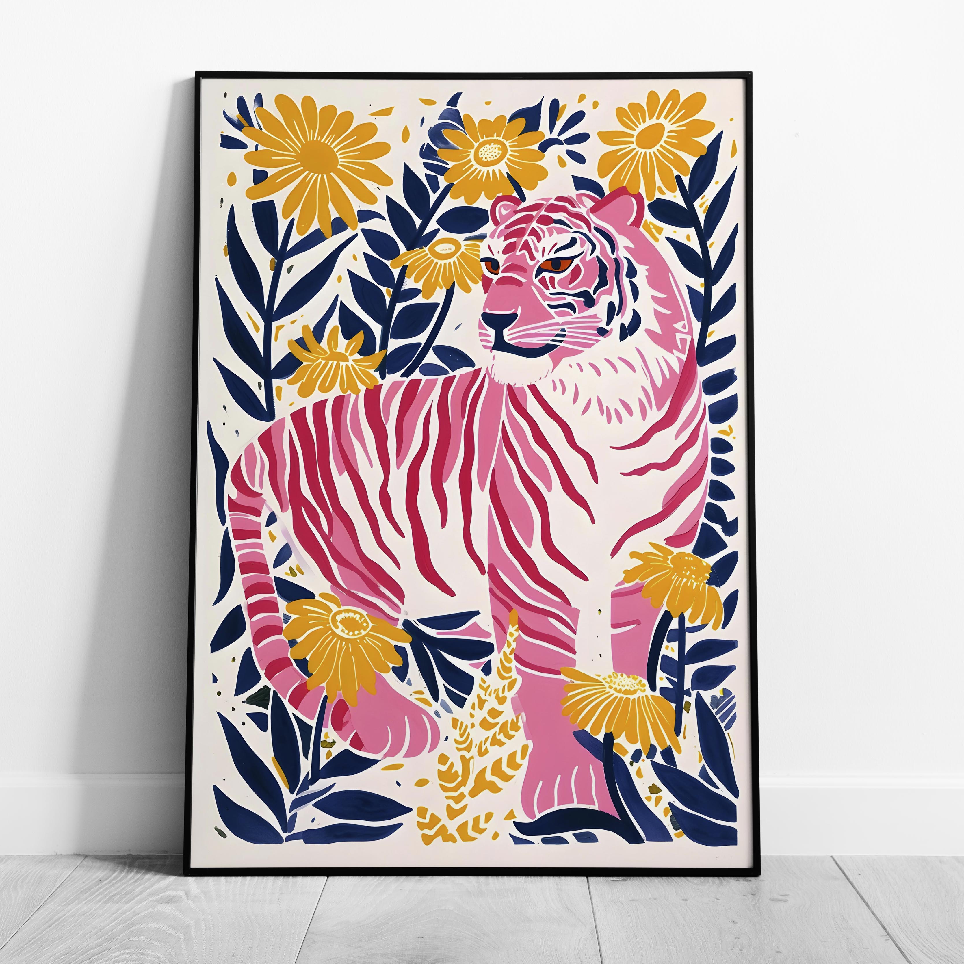 Abstract Pink Tiger in the Jungle Flowers - Rolled Poster Wall Art Print